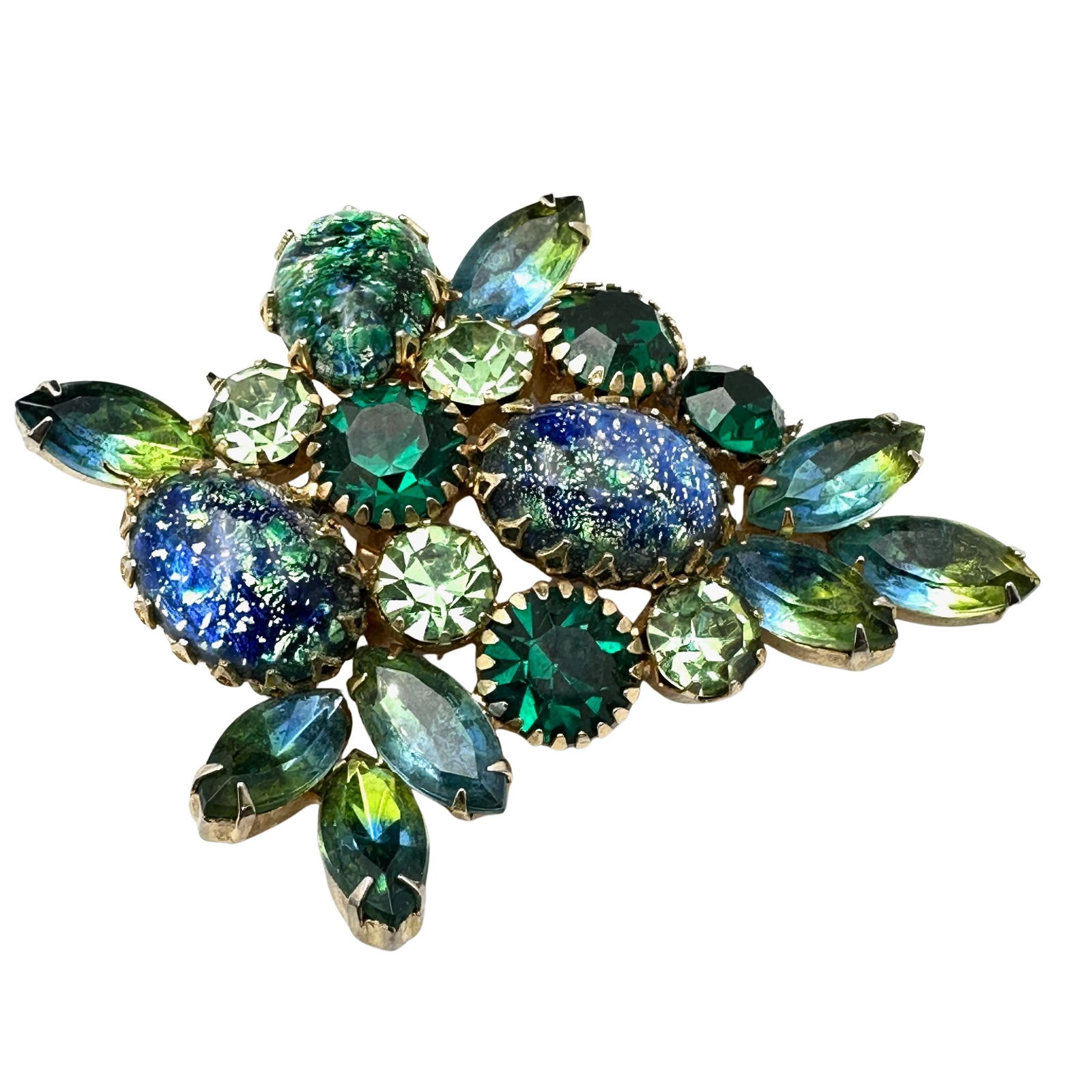 Vintage Juliana Givre Glass Blue Green Speckled Cabochon Gold Tone Brooch Pin 3 Inch (1 of 2)