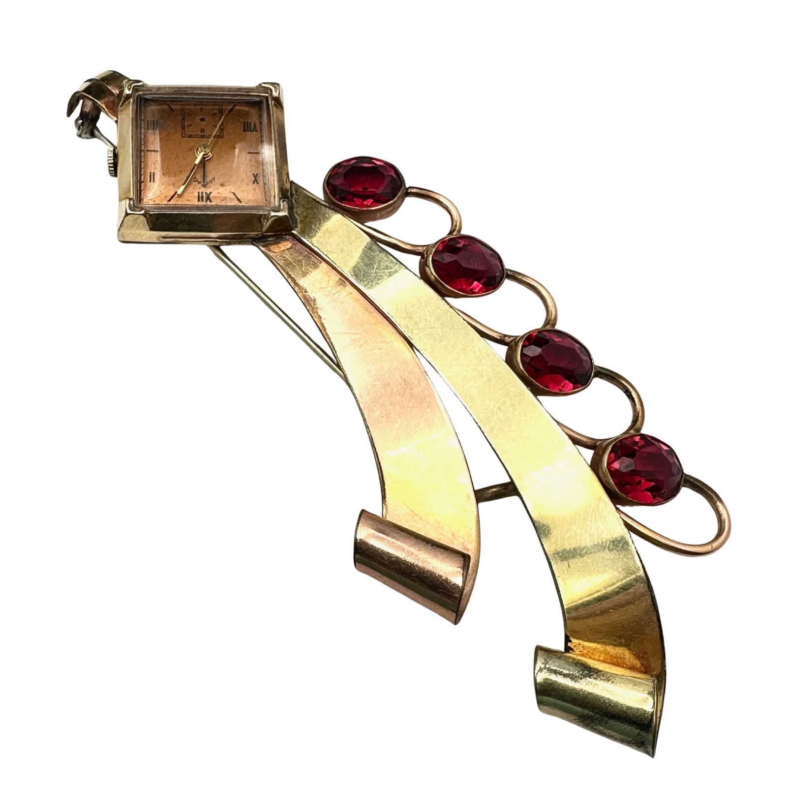 Vintage 12K Gold Filled Red Rhinestone Watch Brooch Pin 4 Inch Watch Not Working: Vintage 12K Gold Filled Red Rhinestone Watch Brooch Pin 4 Inch Watch Not Working