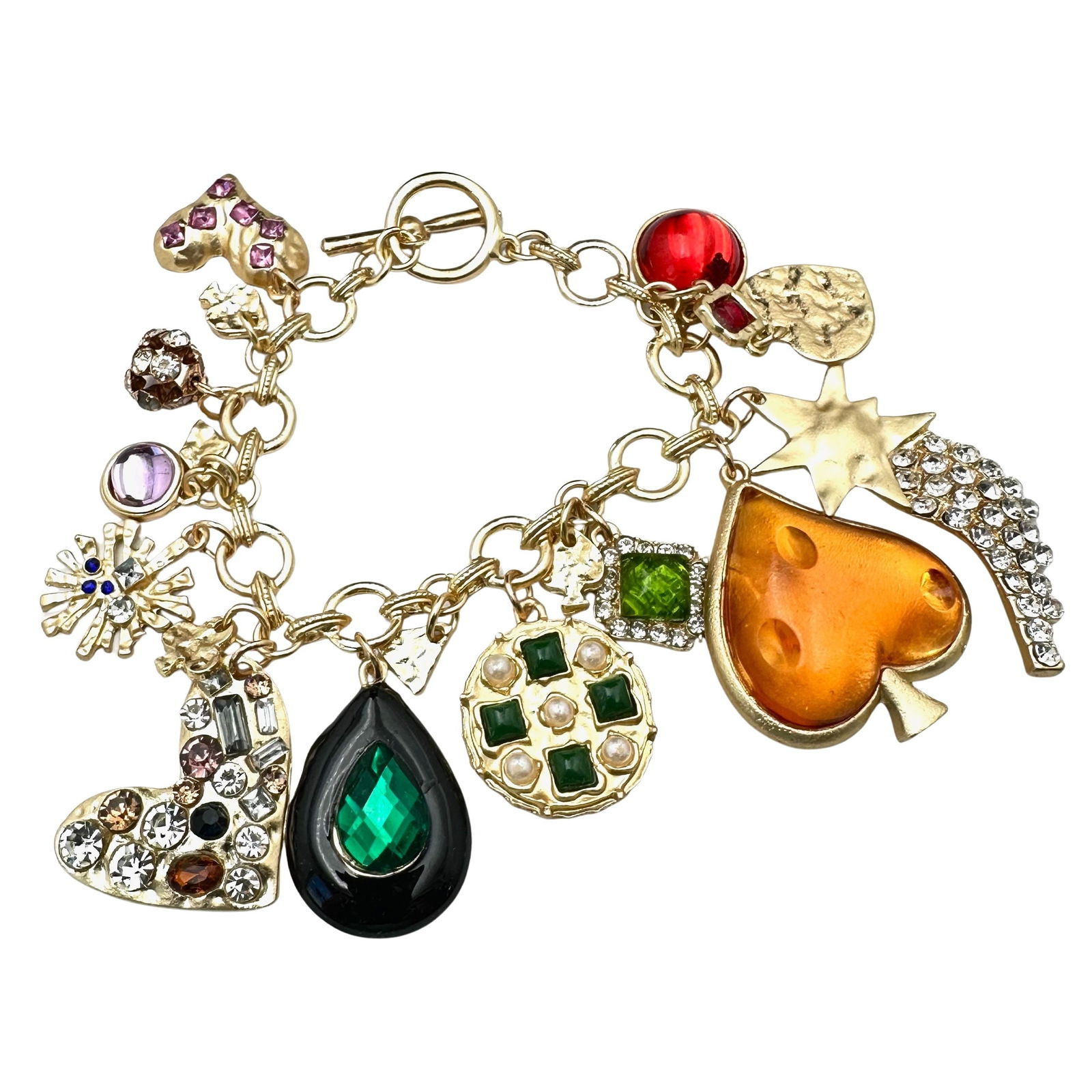 Multicolor Rhinestone Matte Gold Tone Charm Bracelet 7 Inch (1 of 2)
