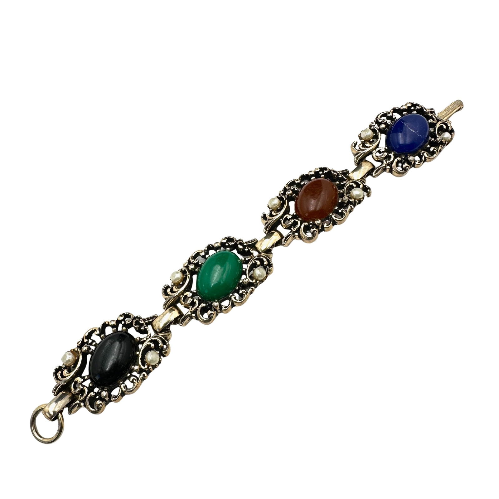 Vintage Jewel Tone Cabochon Antiqued Gold Tone Bracelet 6.5 Inch: Vintage Jewel Tone Cabochon Antiqued Gold Tone Bracelet 6.5 Inch