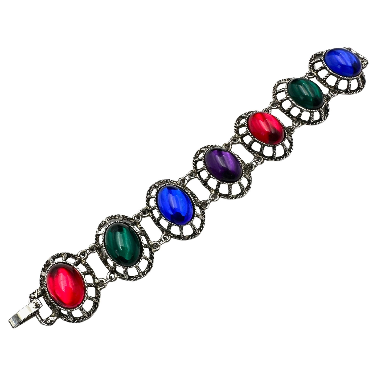 Vintage Mogul Red Green Blue Purple Cabochon Silver Tone Bracelet 7.5 Inch: Vintage Mogul Red Green Blue Purple Cabochon Silver Tone Bracelet 7.5 Inch