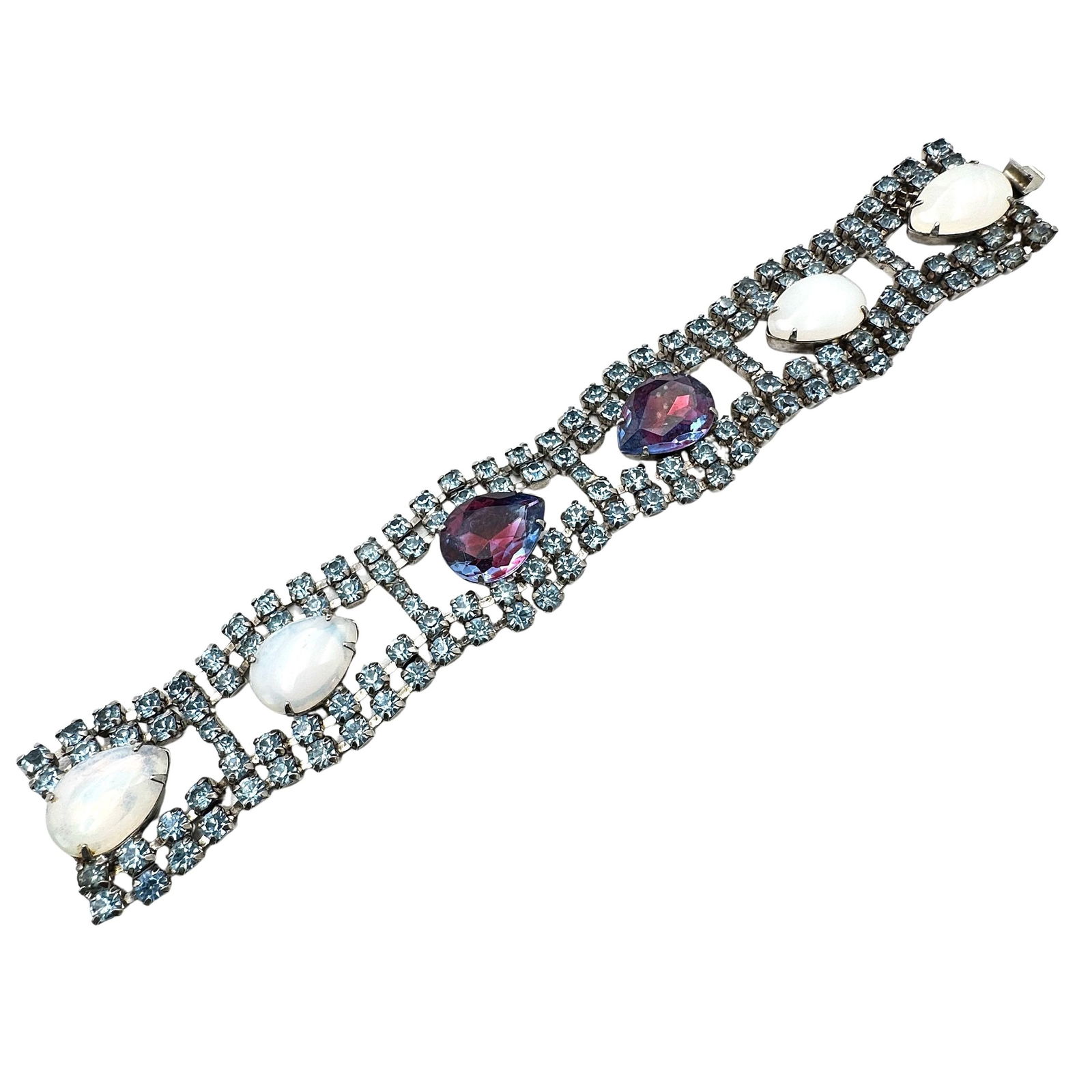 Vintage Purple Blue Opaque Glass Rhinestone Wide Bracelet Silver Tone 7.5 Inch (1 of 2)