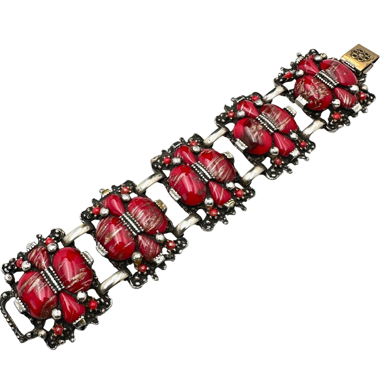 Vintage Unsigned Selro Selini Red Glass Copper Fluss Cabochons and Stones Antiqued Gold Tone (1 of 2)