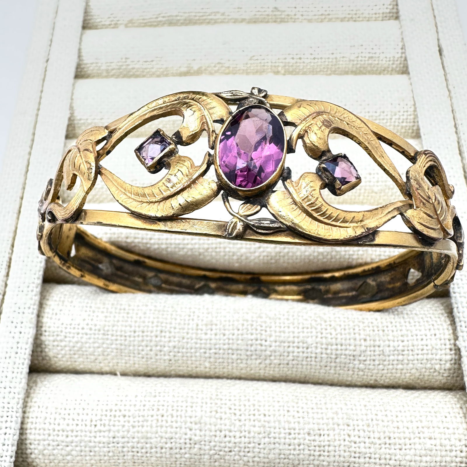 Antique Victorian Gold Filigree Hinged Bangle Bracelet Purple Czech Glass Stones 7.5 Inch (1 of 2)