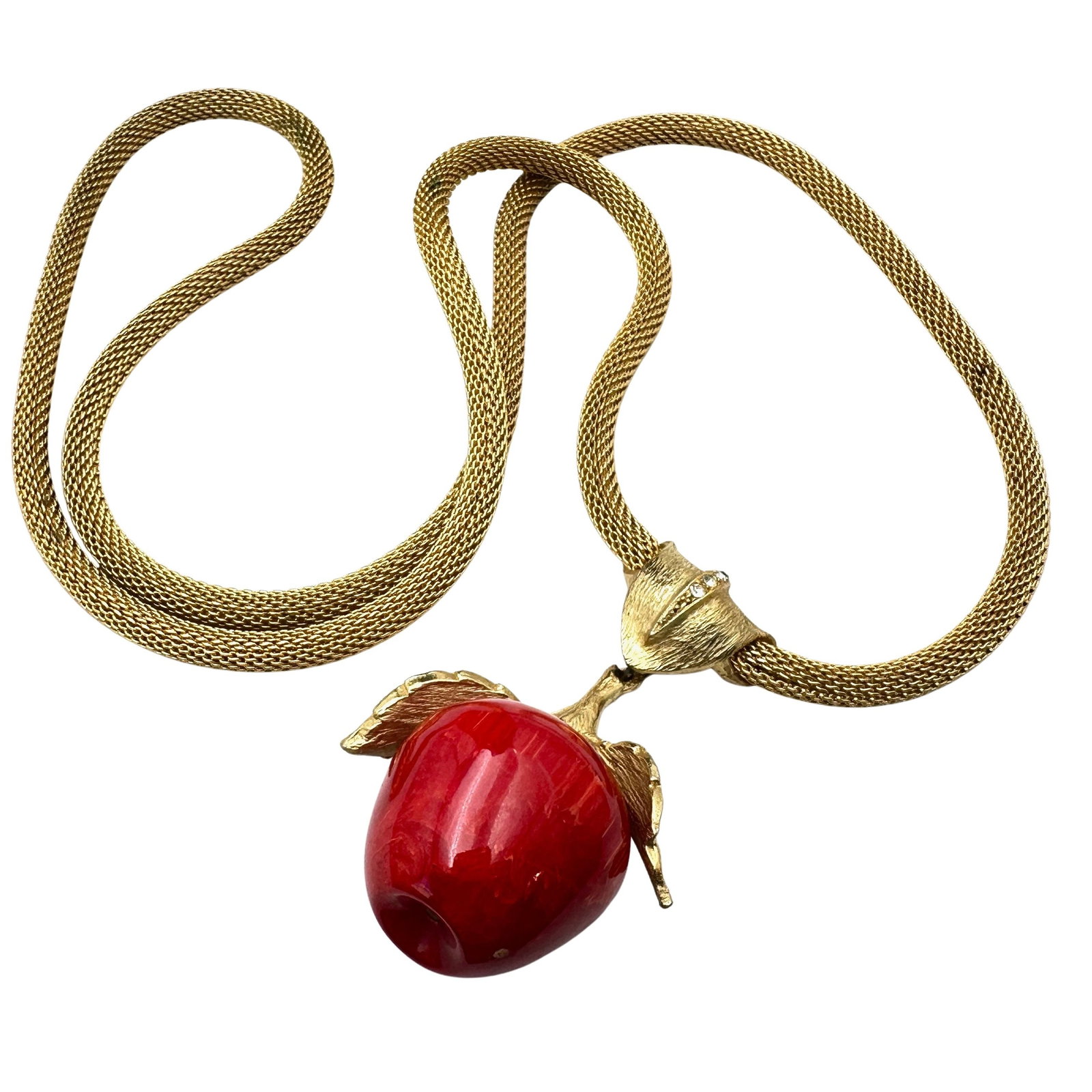 Vintage Red Enamel Apple Pendant Gold Tone Mesh Chain Necklace 30 Inch: Vintage Red Enamel Apple Pendant Gold Tone Mesh Chain Necklace 30 Inch