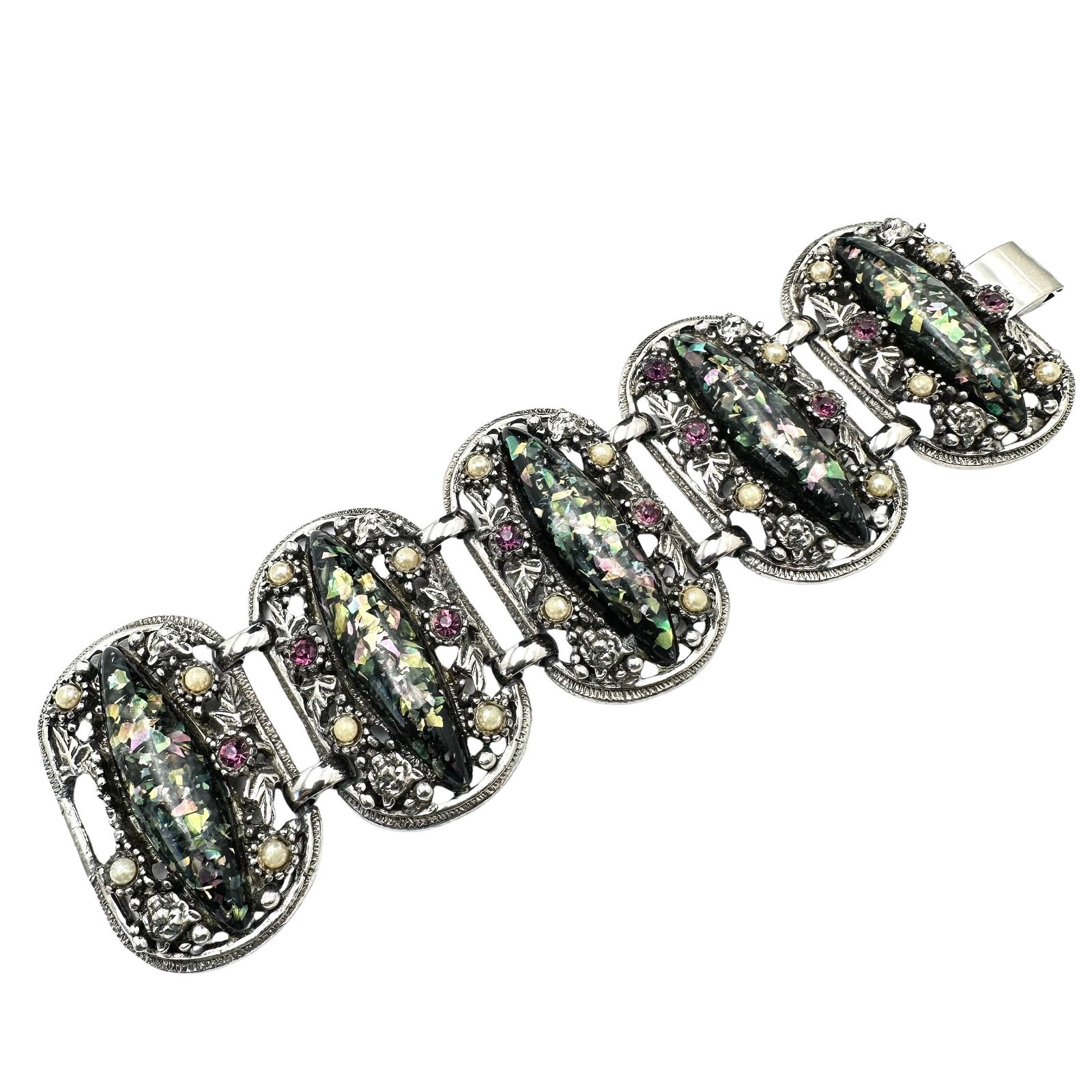 Vintage Selro Selini Multicolor Confetti Lucite Purple Rhinestone Silver Tone Wide Bracelet 7 Inch: Vintage Selro Selini Multicolor Confetti Lucite Purple Rhinestone Silver Tone Wide Bracelet 7 Inch