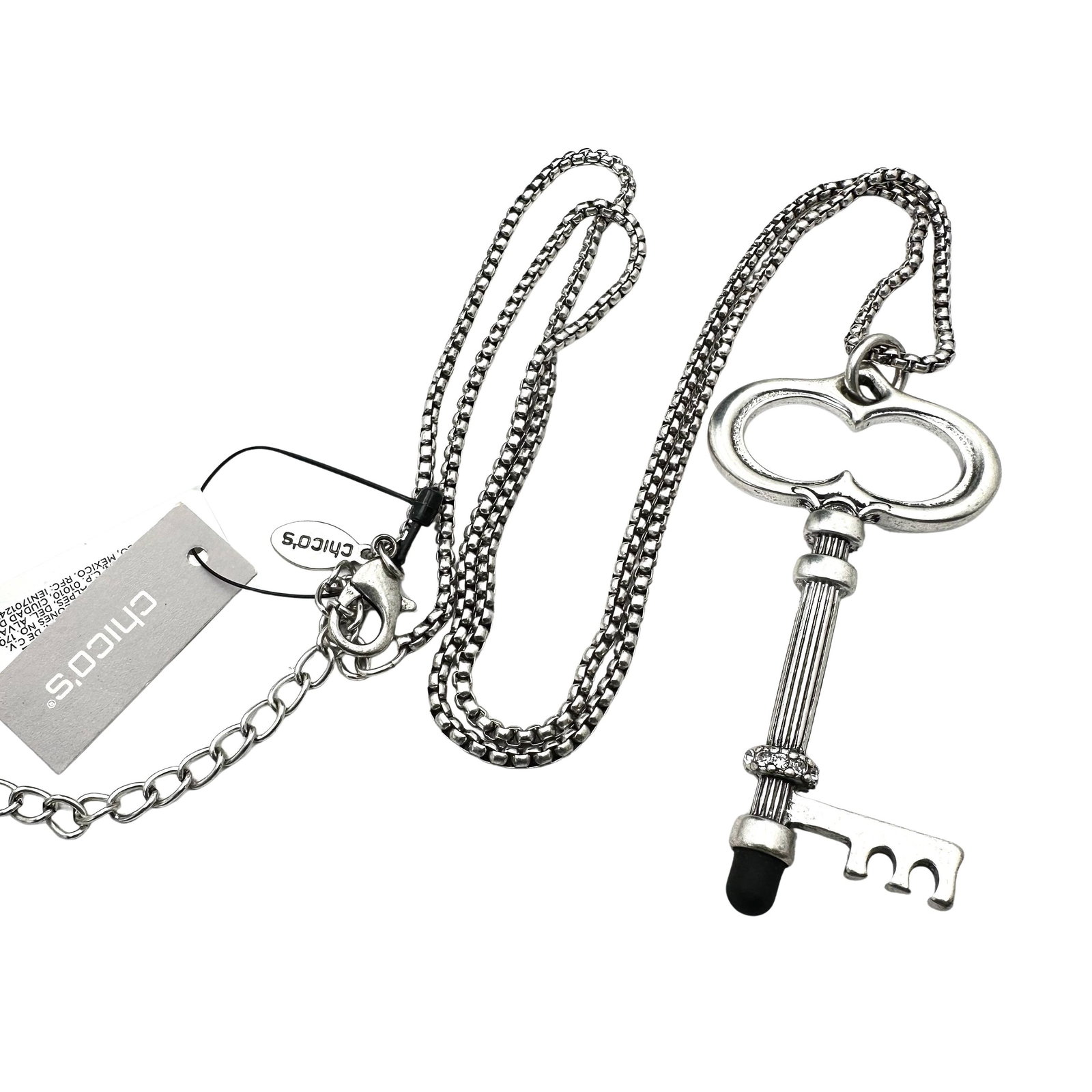 Vintage Chicos Silver Tone Large Key Pendant Necklace Original Tag Attached: Vintage Chicos Silver Tone Large Key Pendant Necklace Original Tag Attached