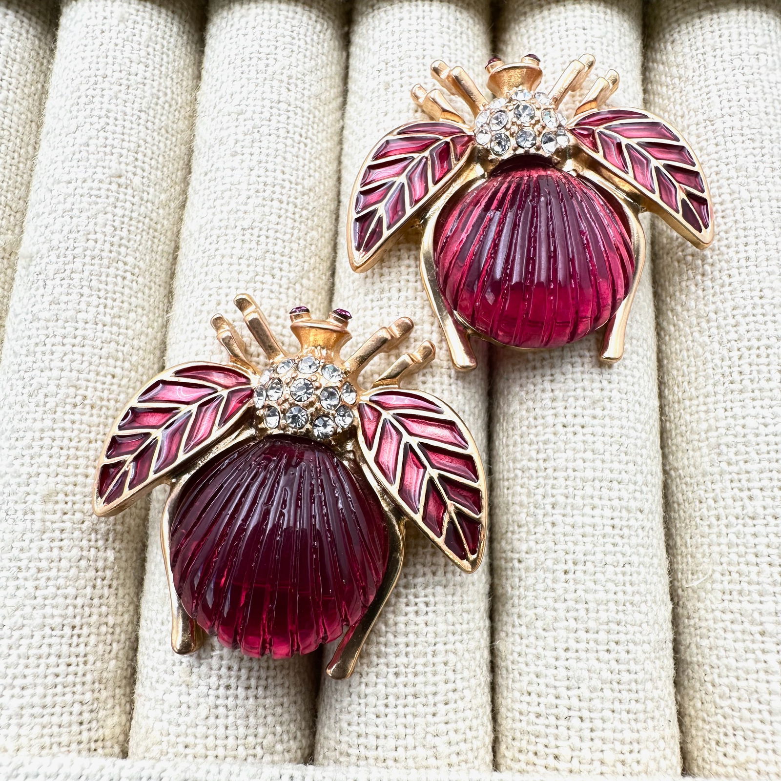 Dark Pink Enamel Clear Rhinestone Matte Gold Tone Bee Bug Pierced Earrings 1.5 Inch: Dark Pink Enamel Clear Rhinestone Matte Gold Tone Bee Bug Pierced Earrings 1.5 Inch