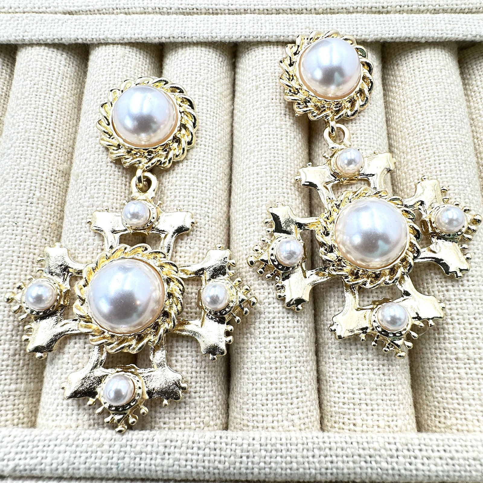 Large Faux Pearl Gold Tone Maltese Cross Pierced Earrings 2.5 Inch Length: Large Faux Pearl Gold Tone Maltese Cross Pierced Earrings 2.5 Inch Length