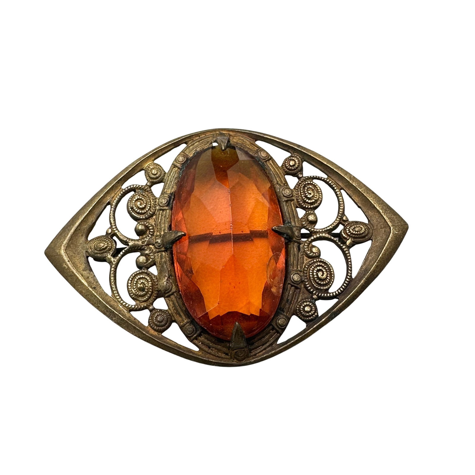 Antique Victorian Amber Colored Czech Glass Antiqued Gold Tone Brooch Pin 2.25 Inch (1 of 2)