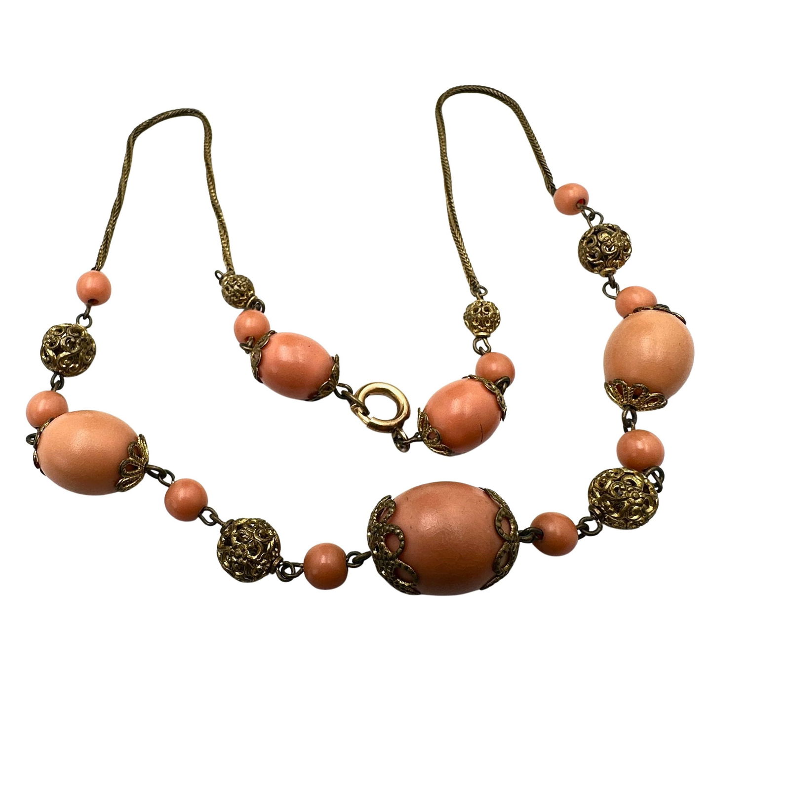 Antique Peach Colored Lucite Antiqued Gold Tone Necklace 16 Inch: Antique Peach Colored Lucite Antiqued Gold Tone Necklace 16 Inch