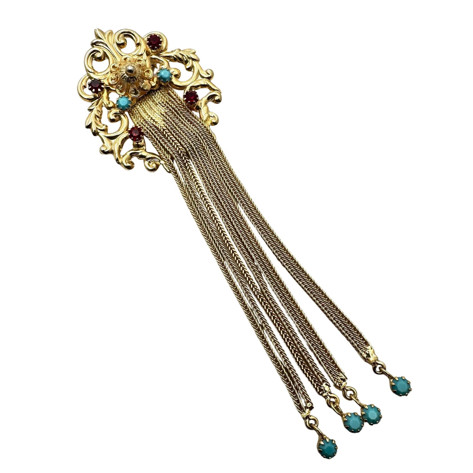 Vintage Victorian Revival Blue Red Rhinestone Gold Tone Filigree Tassel Brooch Pin 4.5 Inch: Vintage Victorian Revival Blue Red Rhinestone Gold Tone Filigree Tassel Brooch Pin 4.5 Inch