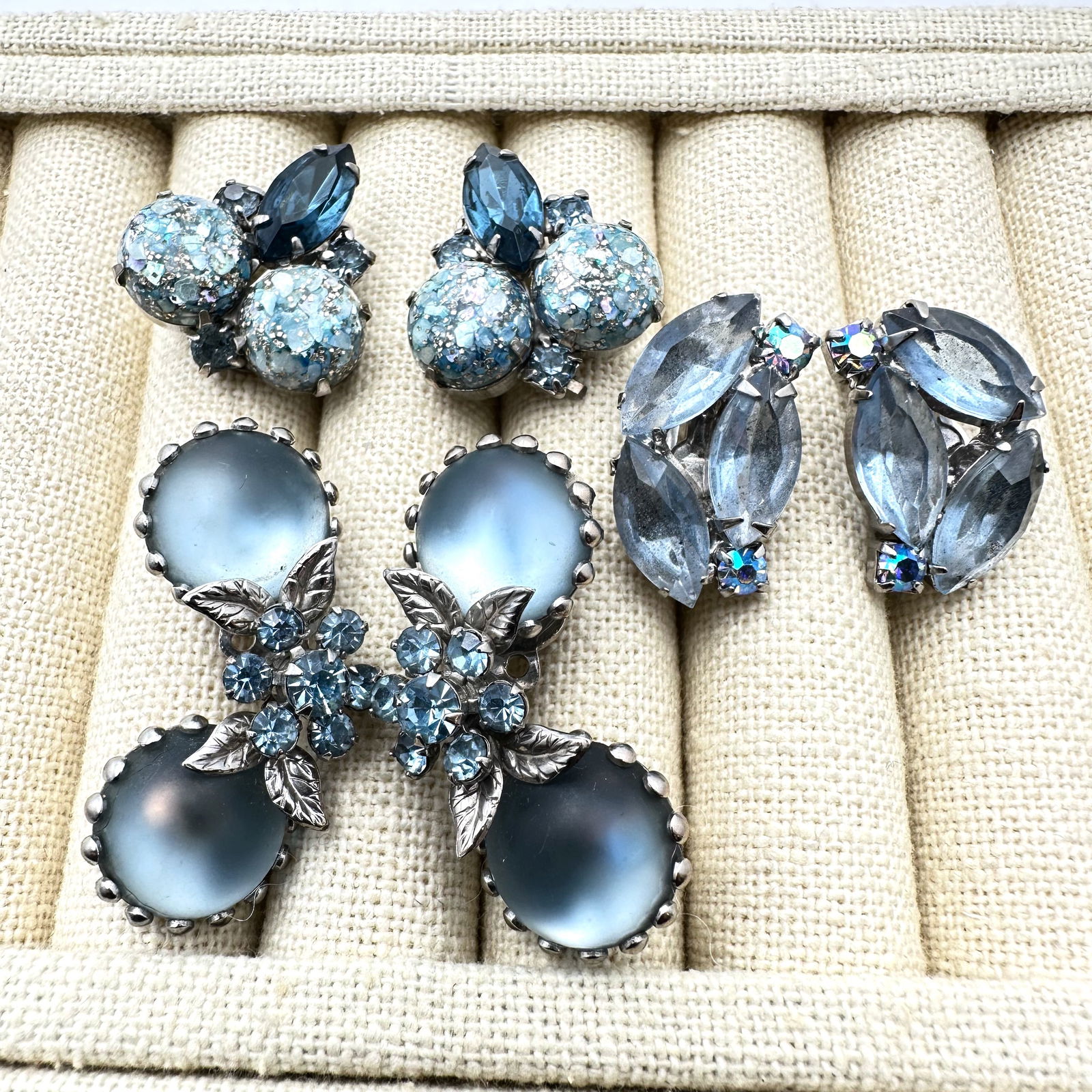 Vintage Group of Blue Rhinestone Clip Earrings (1 of 2)