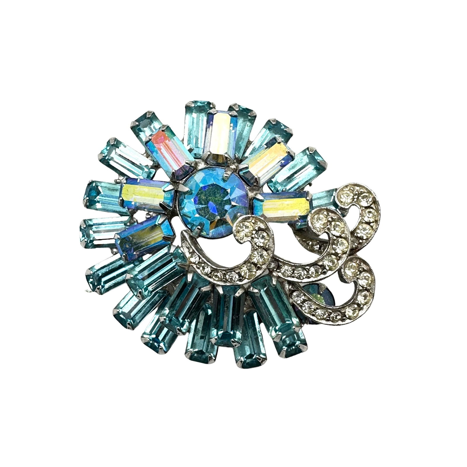 Vintage Weiss Aqua Blue Glass Rhinestone Silver Tone Brooch Pin 2 Inch (1 of 2)