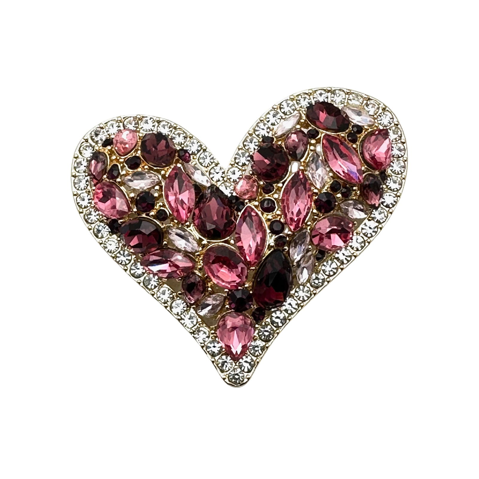 Vintage Shades of Pink Glass Rhinestone Gold Tone Heart Brooch Pin 2.25 Inch (1 of 2)