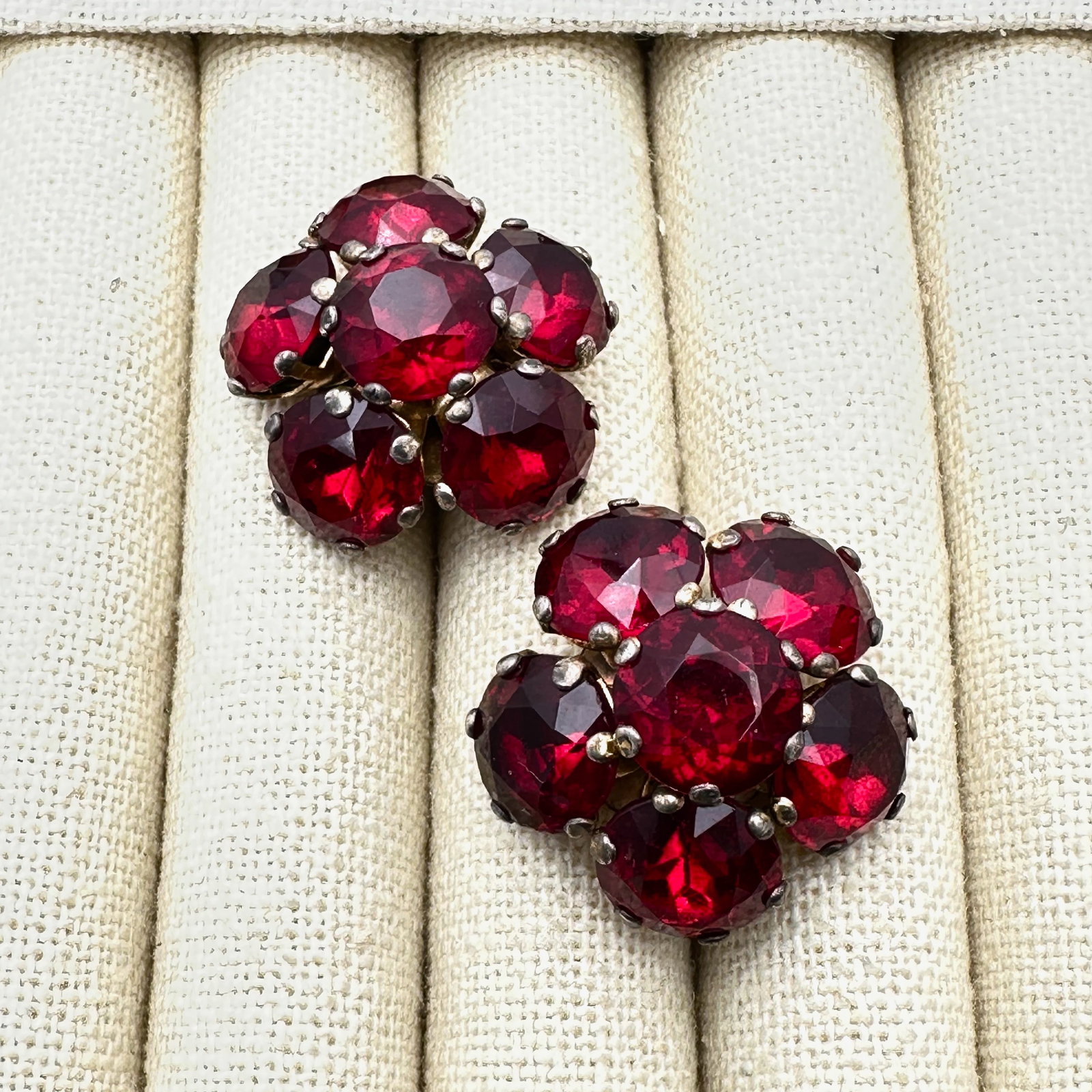 Vintage Red Glass Rhinestone Gold Over Sterling Silver Screw Back Earrings (1 of 2)