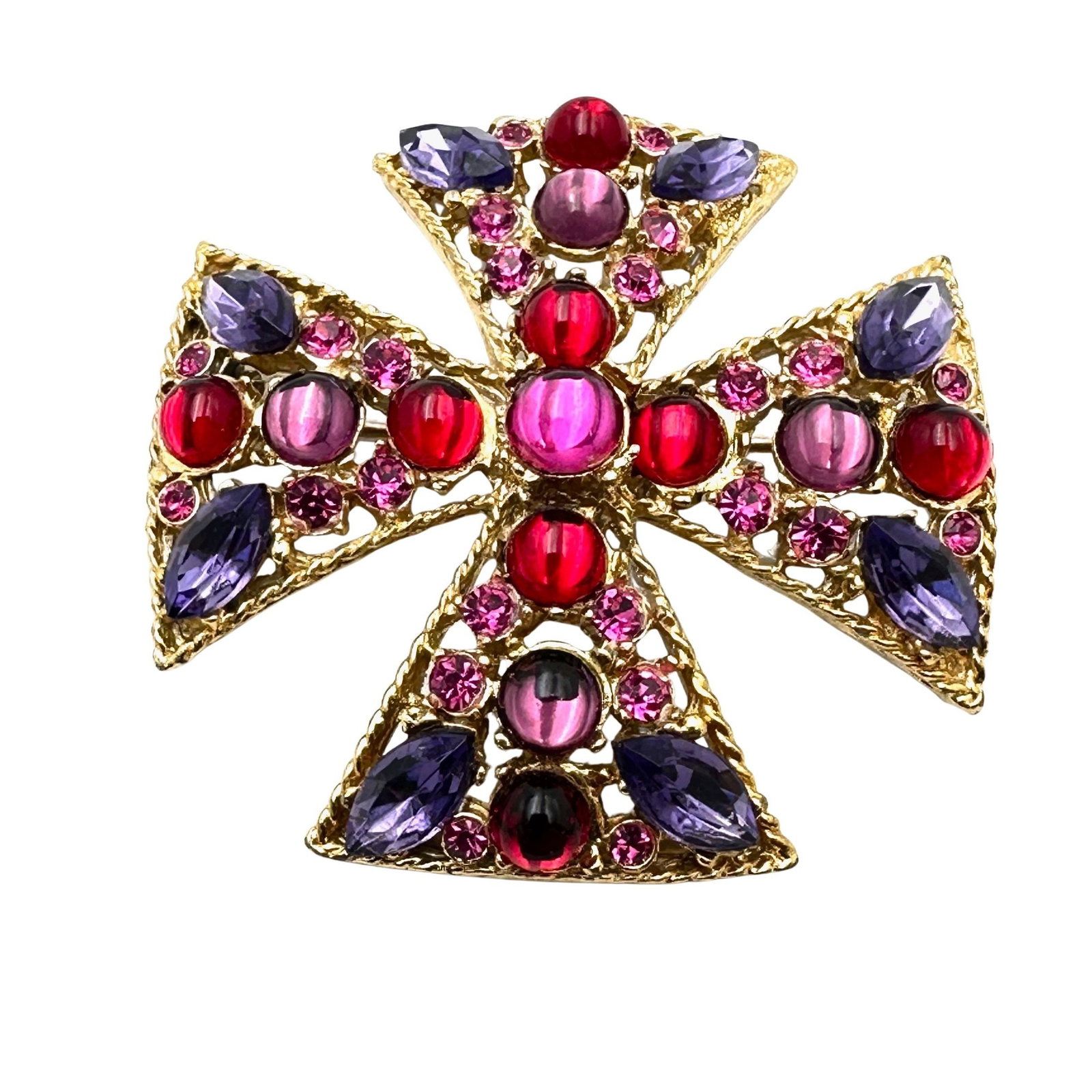 Vintage High End Pink Purple Red Glass Rhinestone Maltese Cross Gold Tone Pin Brooch 2.25 Inch (1 of 2)