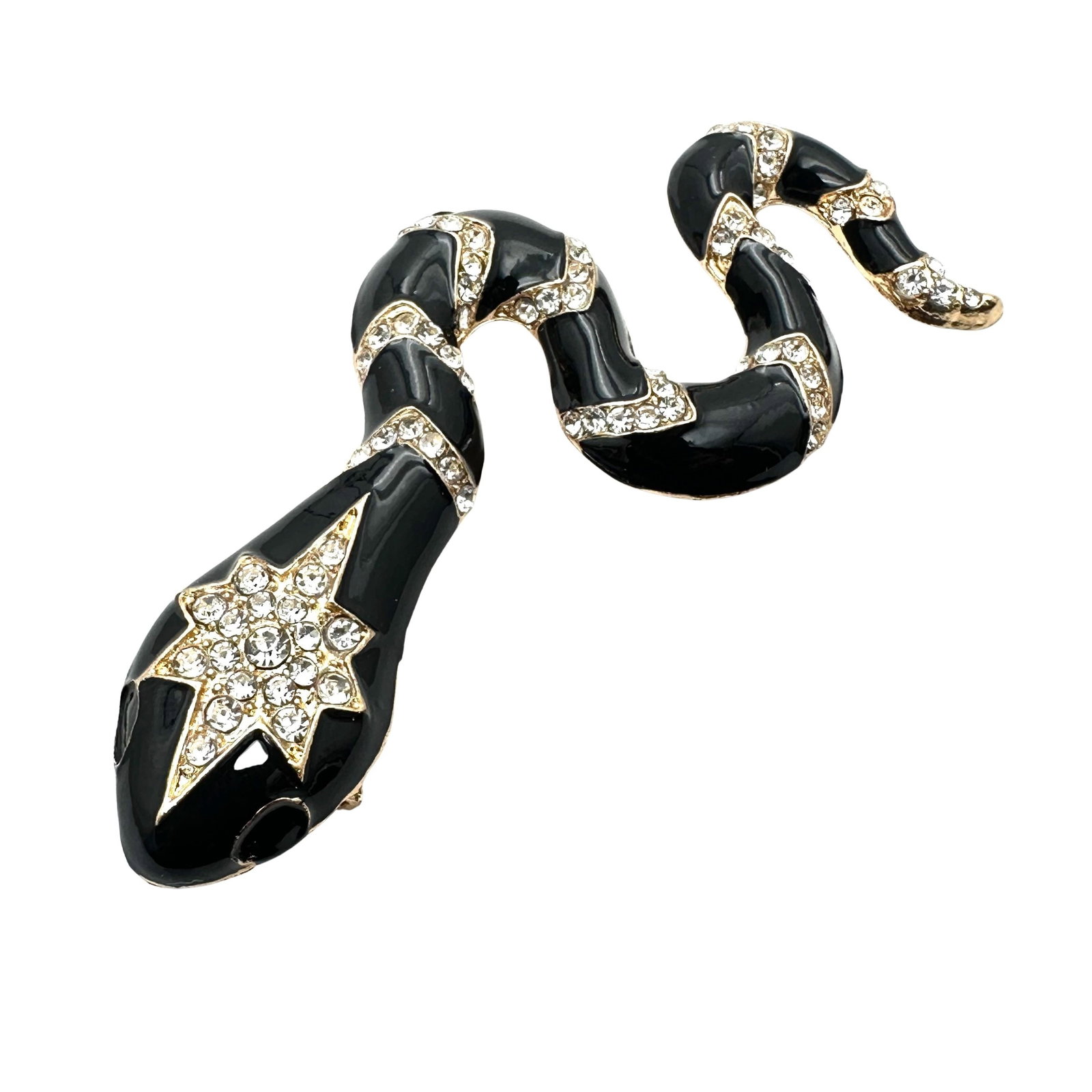 Black Enamel Clear Rhinestone Gold Tone 4 Inch Pin Brooch Pendant: Black Enamel Clear Rhinestone Gold Tone 4 Inch Pin Brooch Pendant