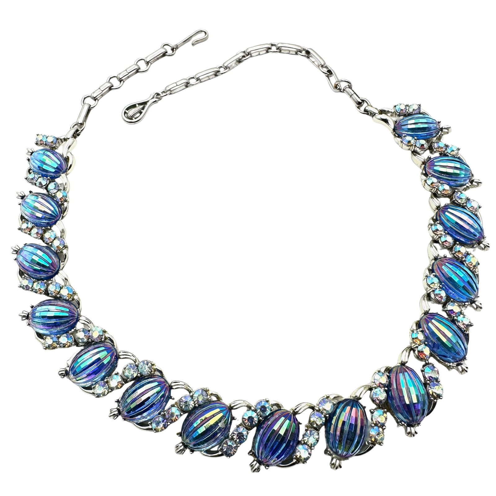 Vintage Coro Peacock Glass Rhinestone Silver Tone Necklace 17 Inch (1 of 2)