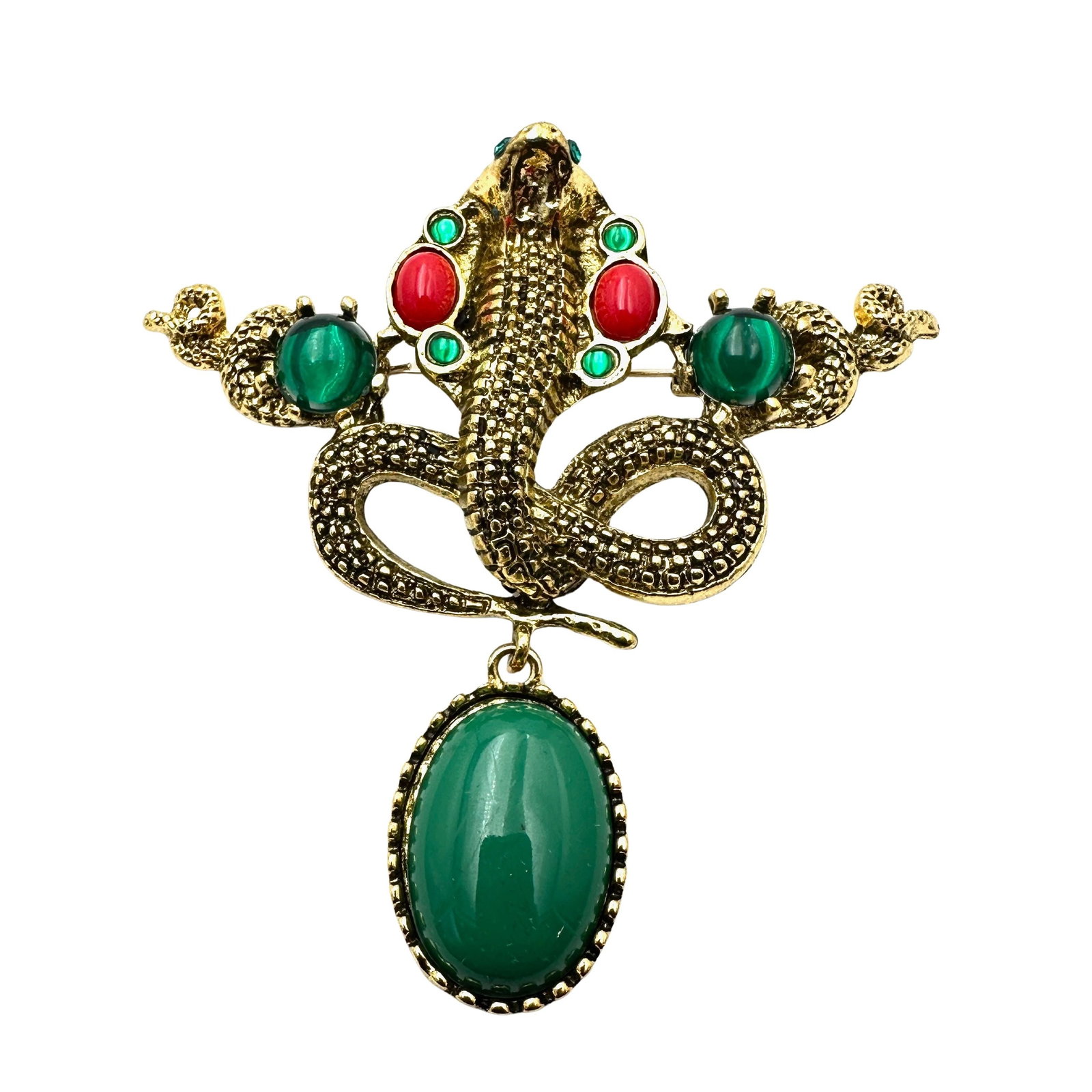Green Red Cabochon Gold Tone Snake Brooch Pin 3.5 Inch (1 of 2)