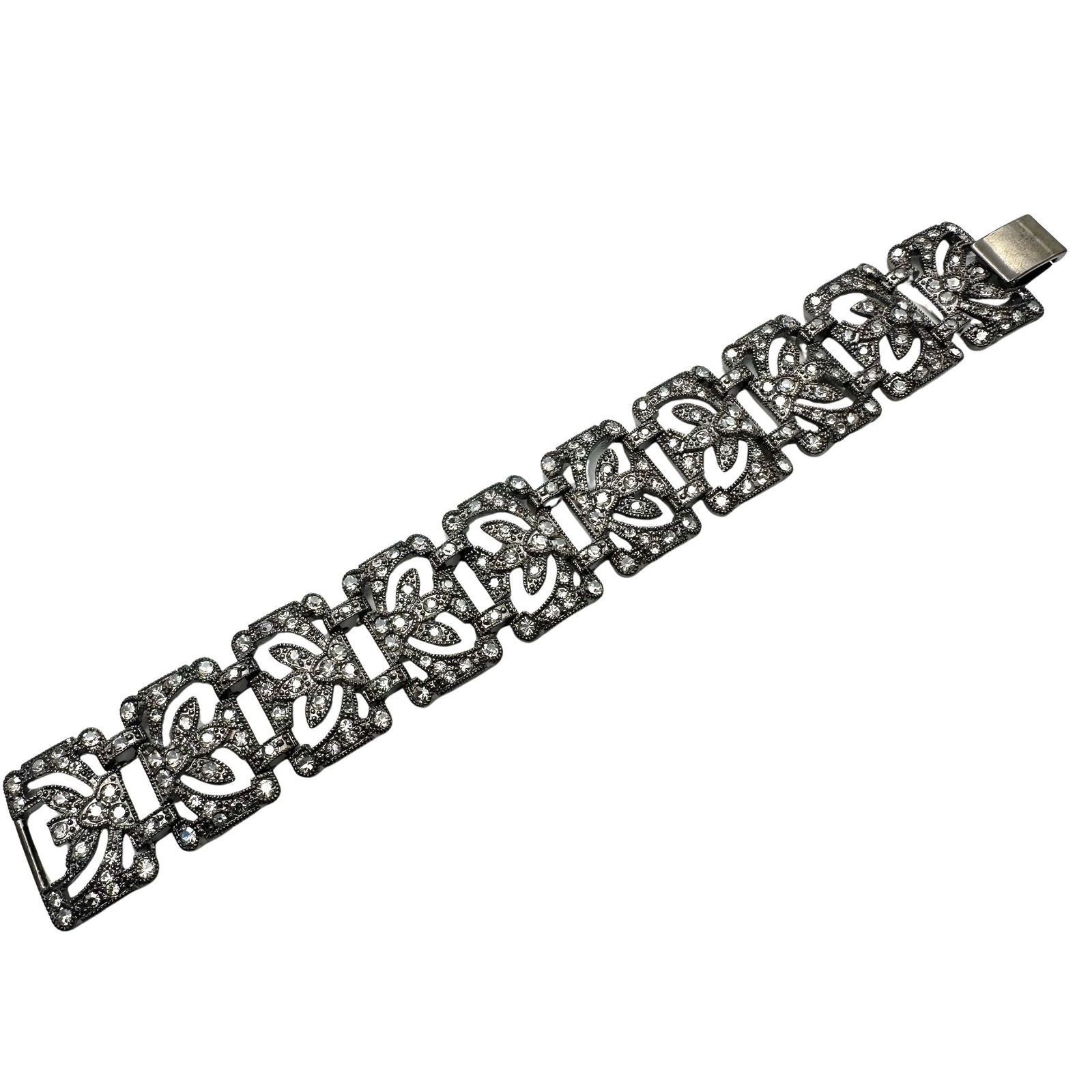 Vintage Graziano Grey Crystal Dark Silver Tone Gunmetal Panel Bracelet 7.5 Inch: Vintage Graziano Grey Crystal Dark Silver Tone Gunmetal Panel Bracelet 7.5 Inch