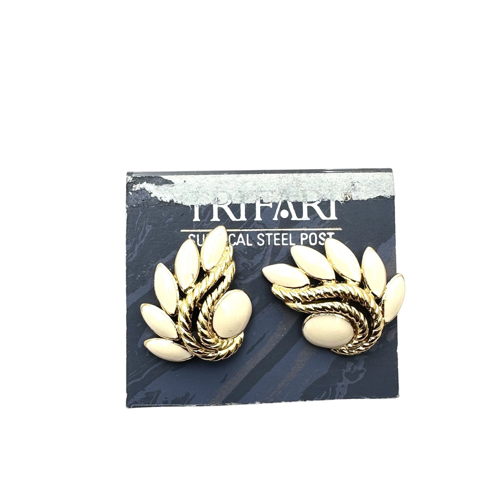 Vintage Trifari Cream Enamel Gold Tone Clip Earrings Original Card: Vintage Trifari Cream Enamel Gold Tone Clip Earrings Original Card