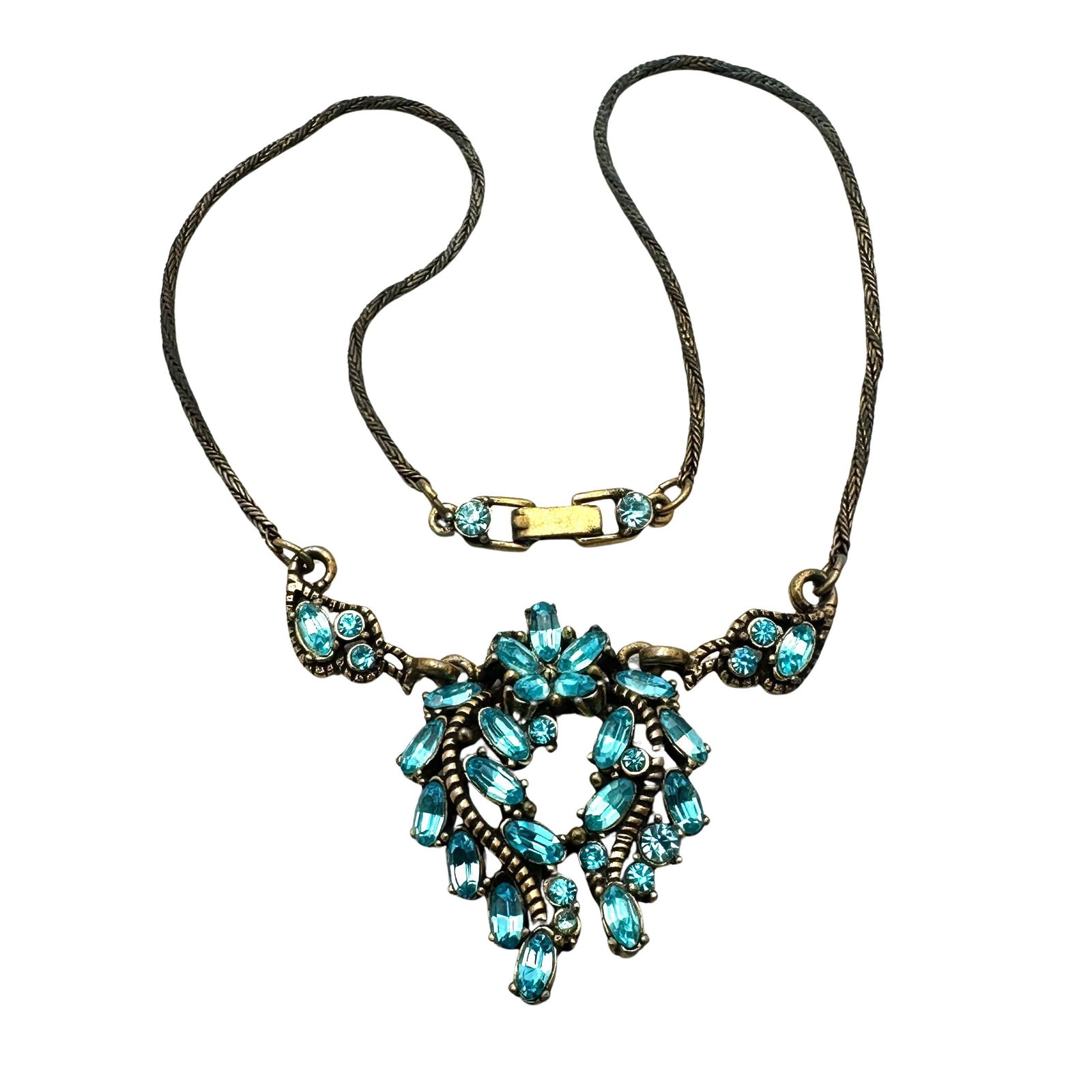 Vintage Hollycraft Blue Glass Rhinestone Antiqued Gold Tone Necklace (1 of 2)