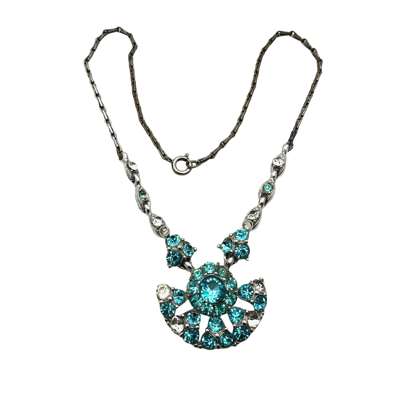 Vintage Bogoff Aqua Blue Glass Rhinestone Silver Tone Necklace 15 Inch (1 of 2)
