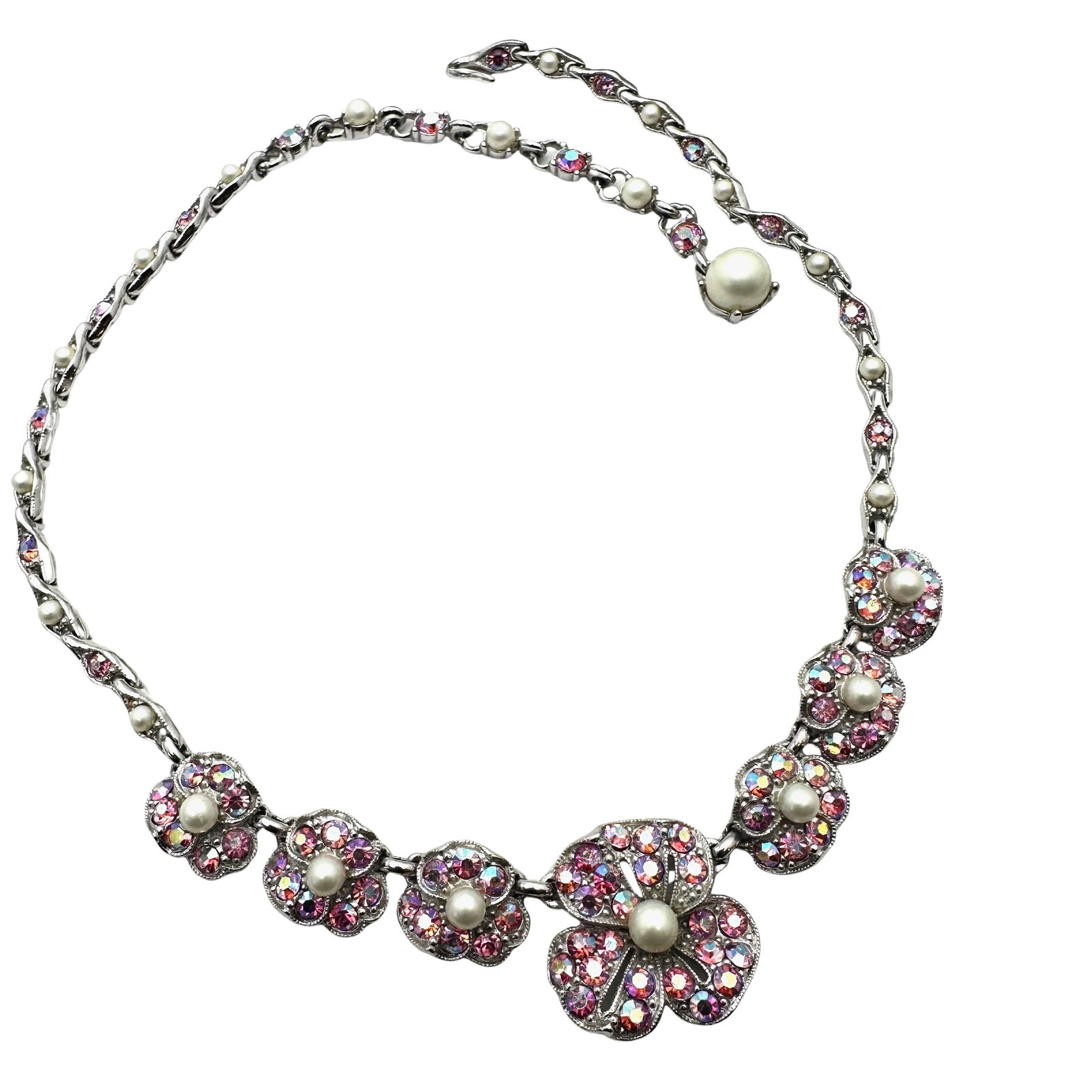 Vintage Bogoff Pink Aurora Borealis Silver Tone Necklace Flower Design (1 of 2)