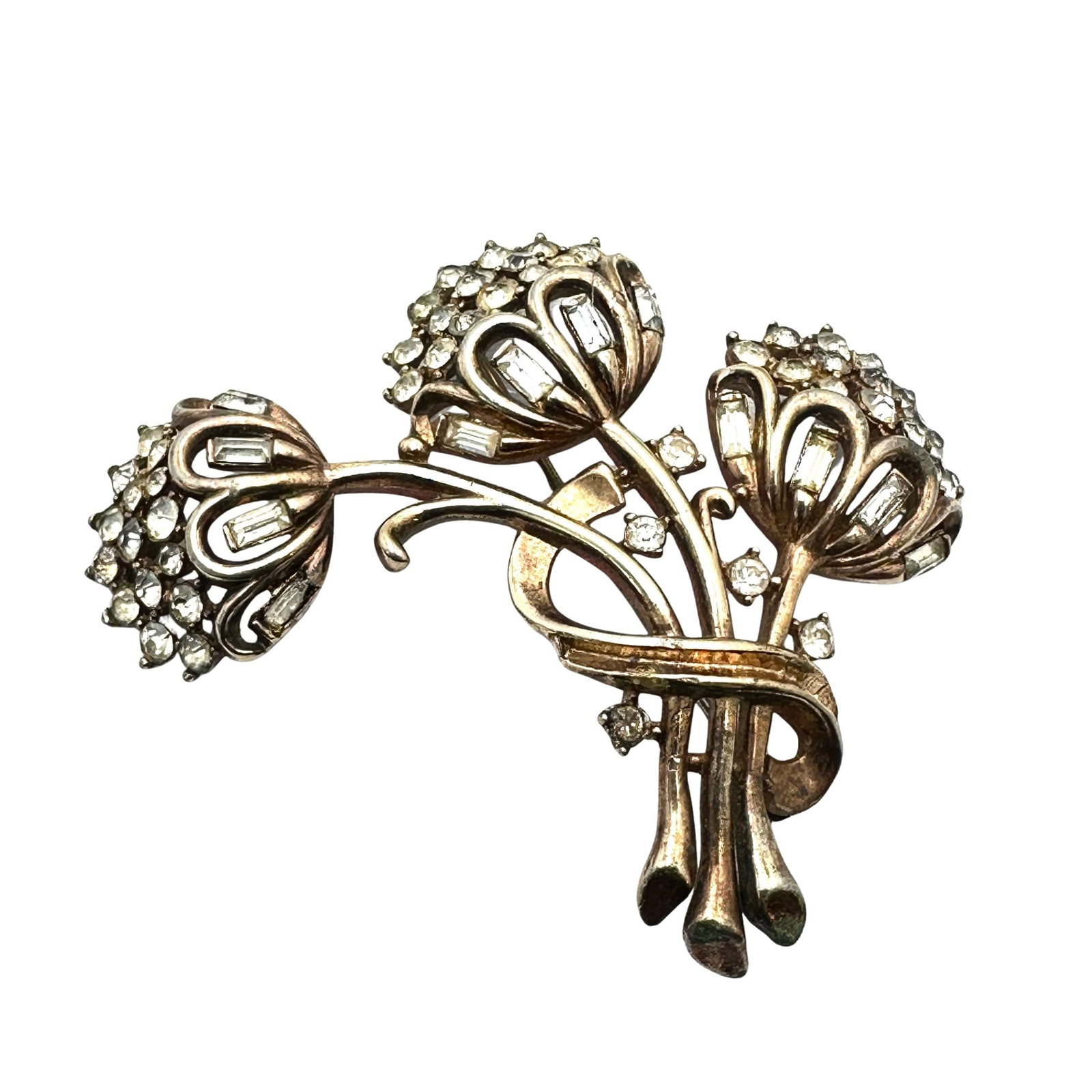 Vintage Older Trifari Clear Glass Rhinestone Gold Tone Flower Design Brooch Pin: Vintage Older Trifari Clear Glass Rhinestone Gold Tone Flower Design Brooch Pin