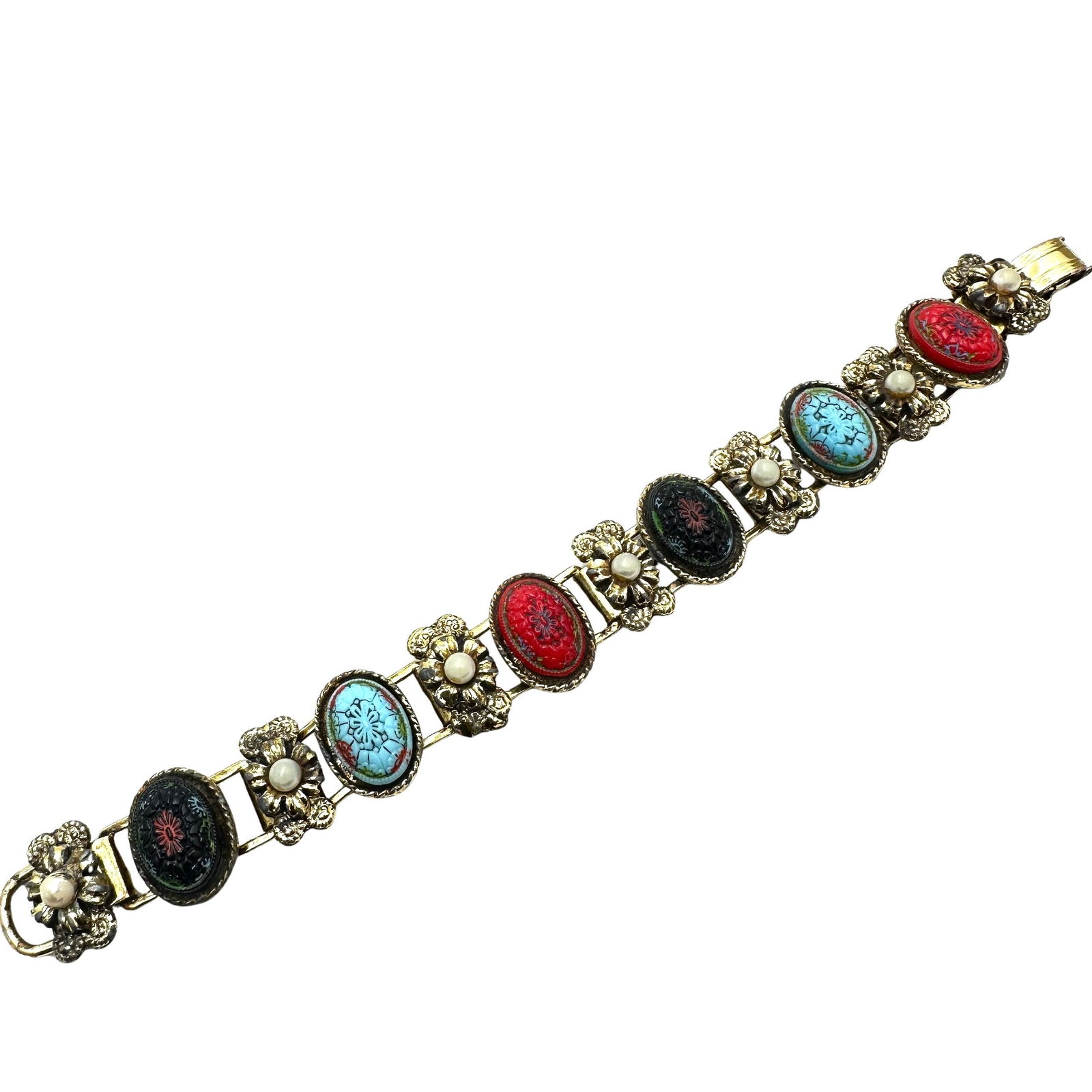 Vintage Multicolor Glass Matrix Stones Gold Tone Book Chain Bracelet 7 Inch: Vintage Multicolor Glass Matrix Stones Gold Tone Book Chain Bracelet 7 Inch