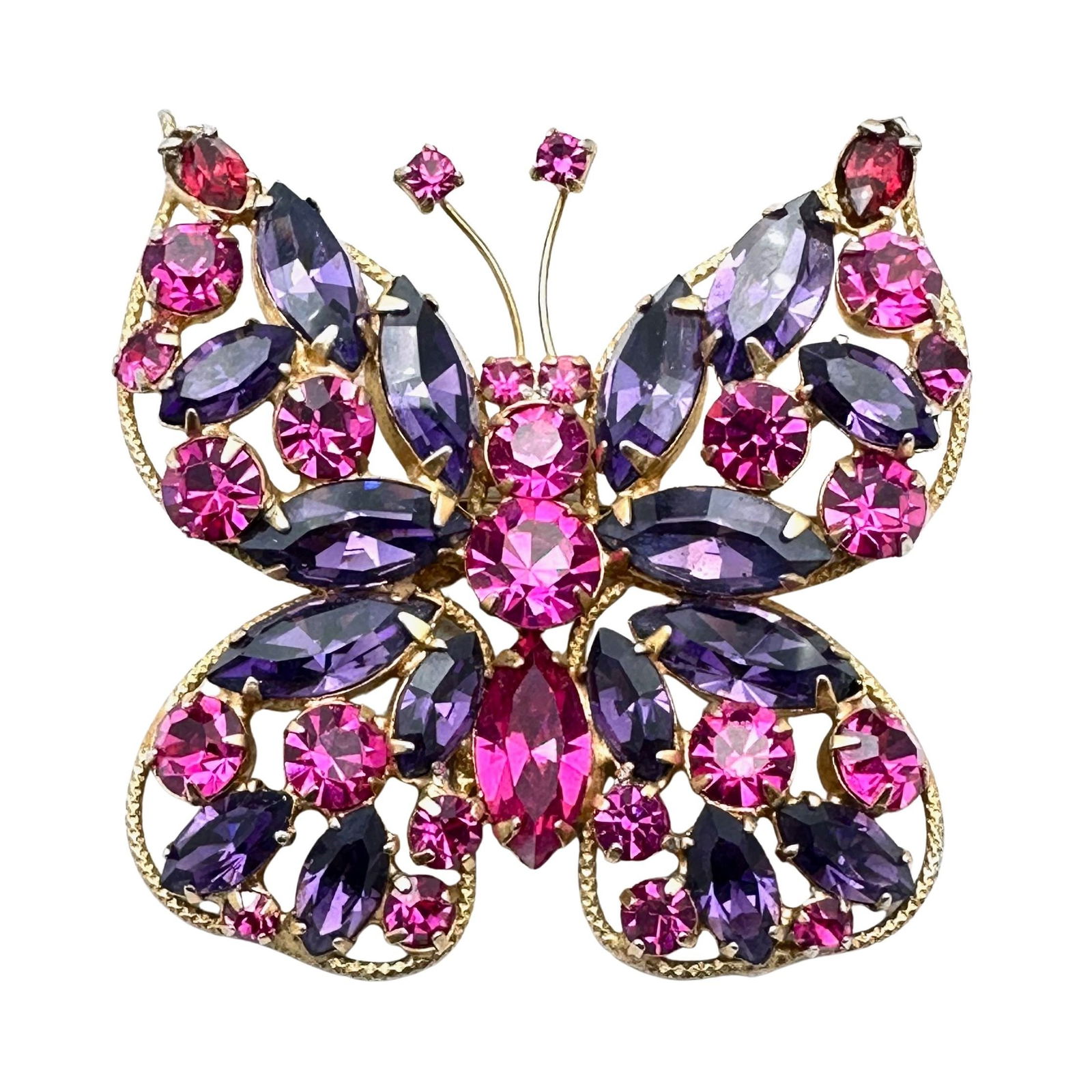 Vintage High End Purple Pink Red Glass Rhinestone Gold Tone Butterfly Brooch Pin 2 Inch (1 of 2)