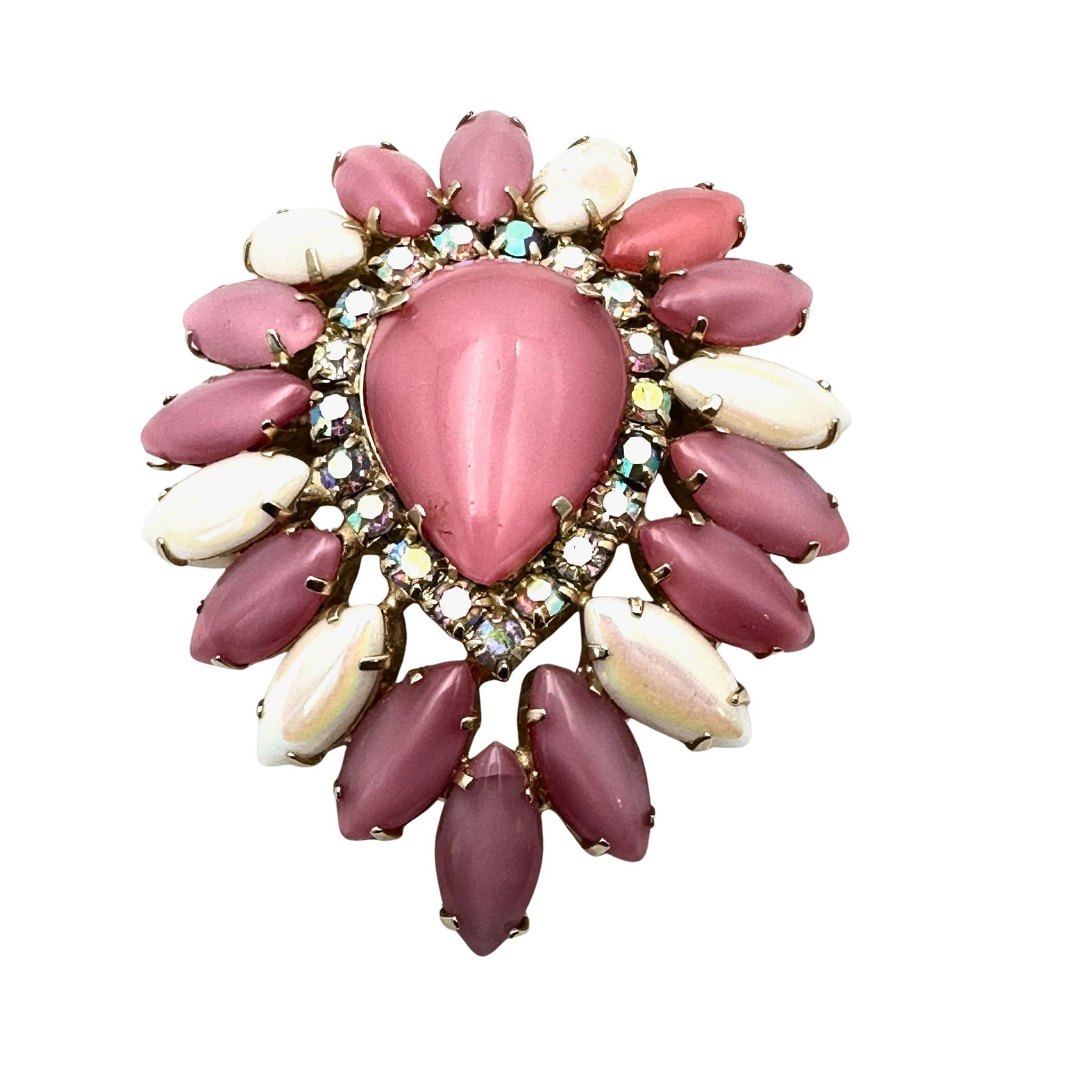 Vintage High End Pink Satin Glass Rhinestone Gold Tone Brooch Pin 2.5 Inch (1 of 2)