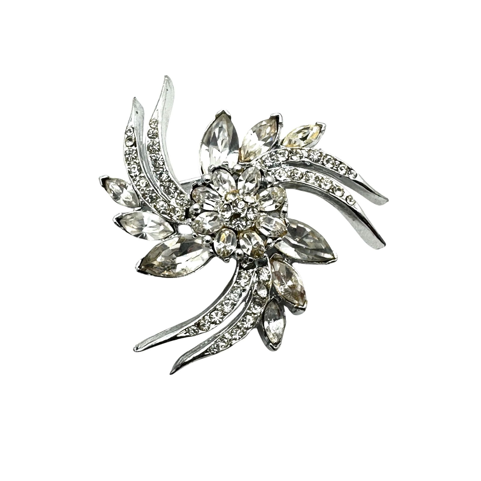 Vintage Pell Clear Glass Rhinestone Silver Tone Brooch Pin 2 Inch (1 of 2)