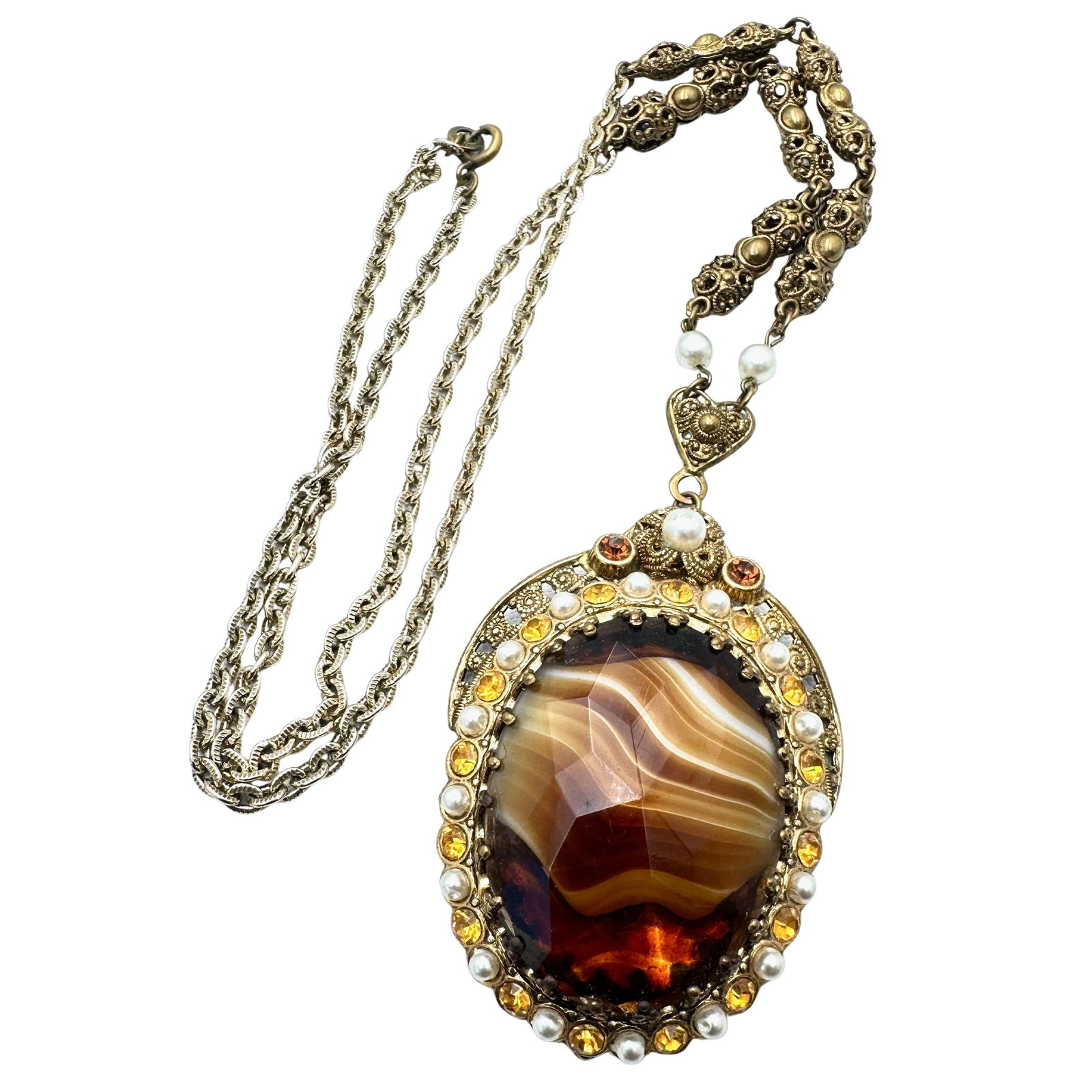 Vintage West Germany Amber Slag Glass Pendant Antiqued Gold Tone Necklace: Vintage West Germany Amber Slag Glass Antiqued Gold Tone Clip Earrings
