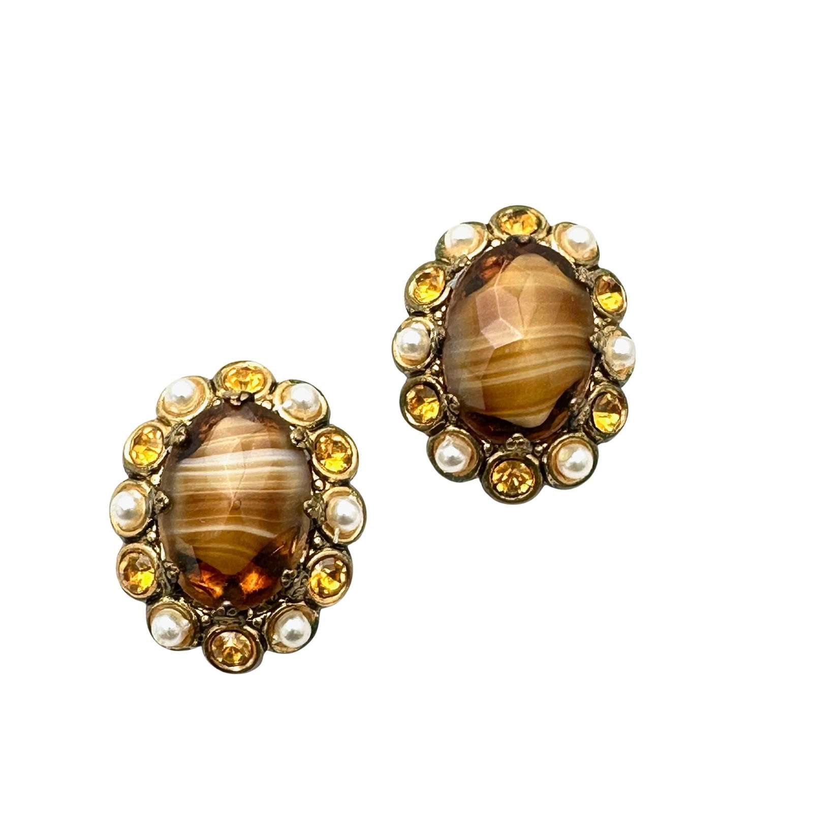 Vintage West Germany Amber Slag Glass Antiqued Gold Tone Clip Earrings (1 of 2)