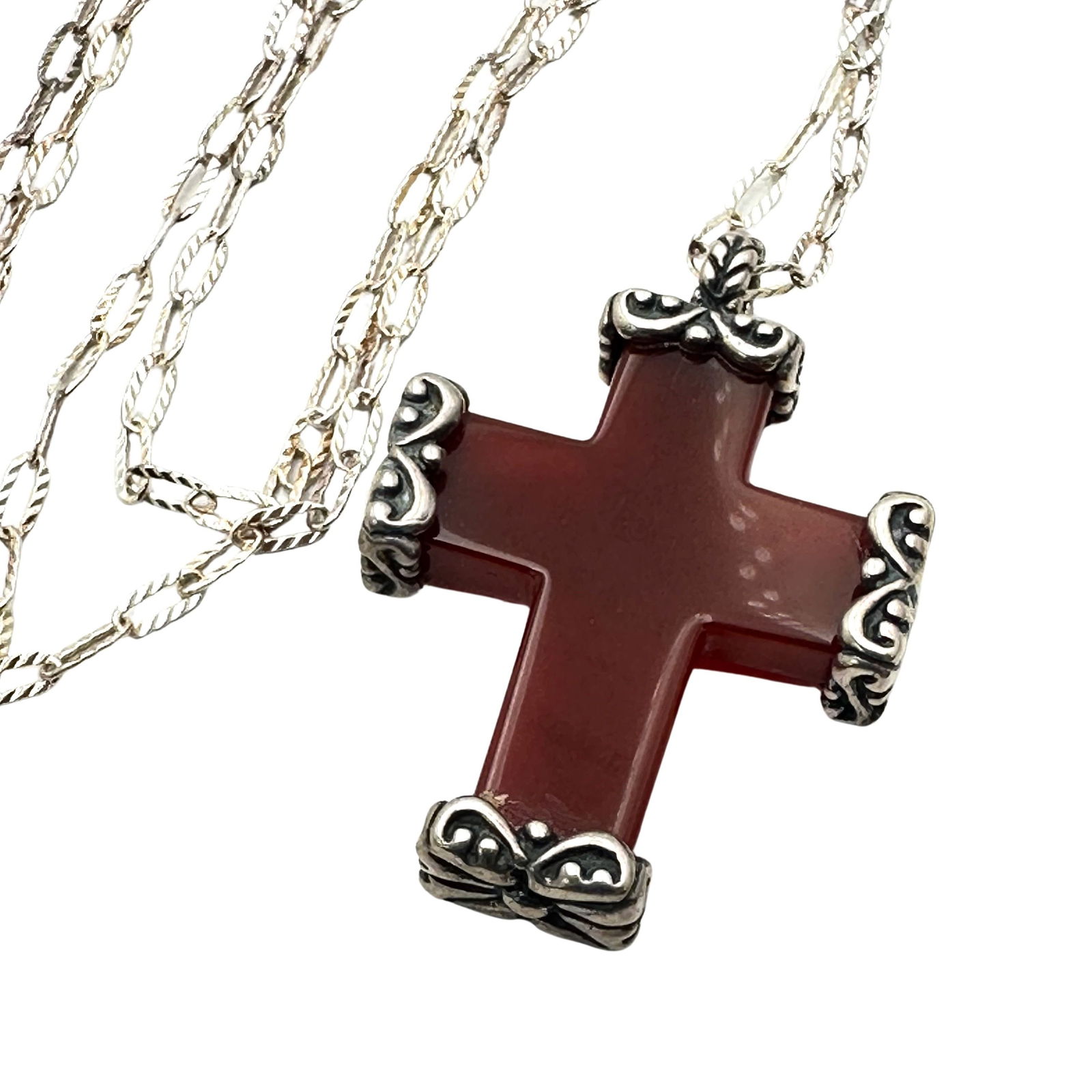 Red Carnelian Gemstone Cross Pendant Necklace Sterling Silver Chain 20 Inch Weight 11 Grams (1 of 2)