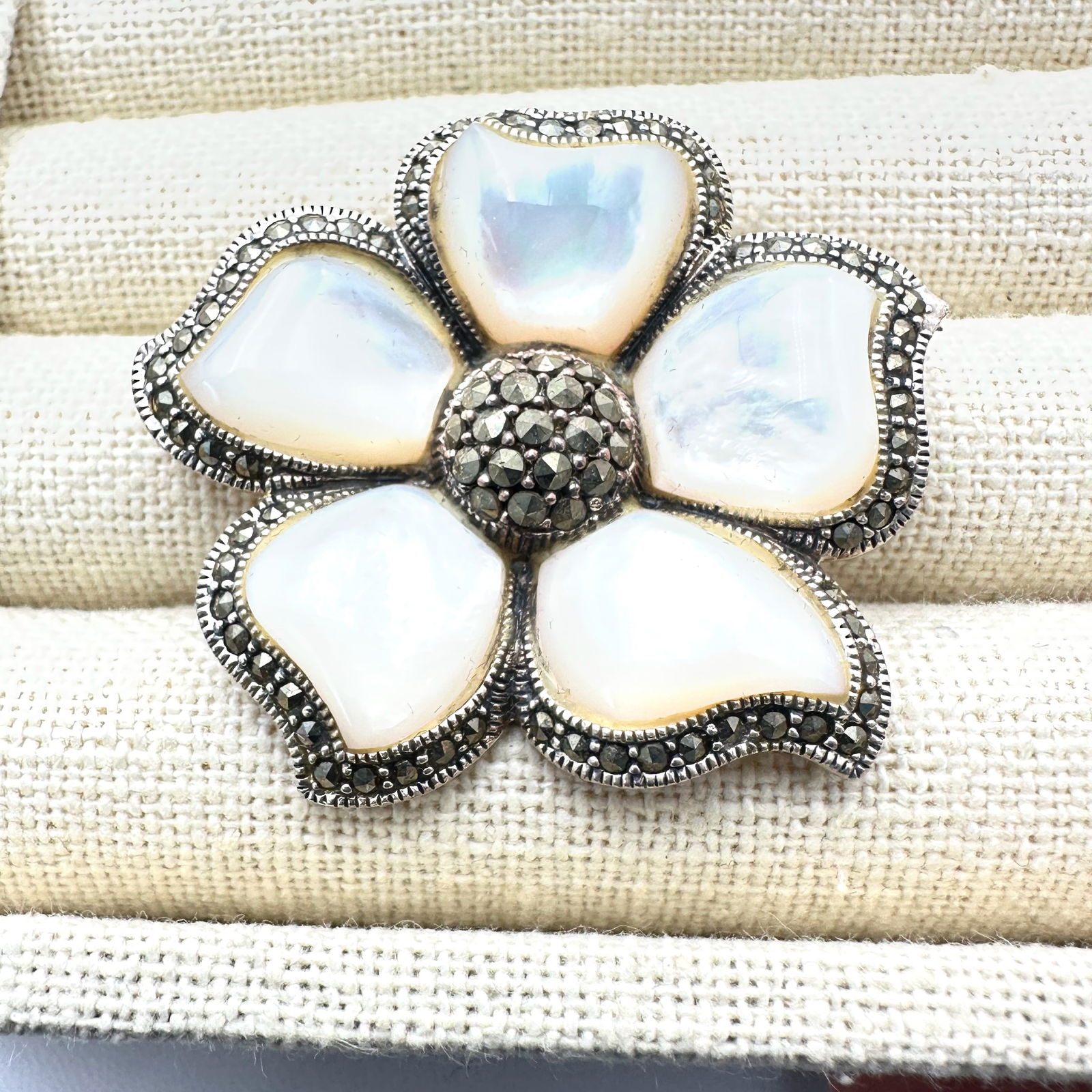Pearl Marcasite Sterling Silver Flower Brooch Pin 2 Inch: Pearl Marcasite Sterling Silver Flower Brooch Pin 2 Inch