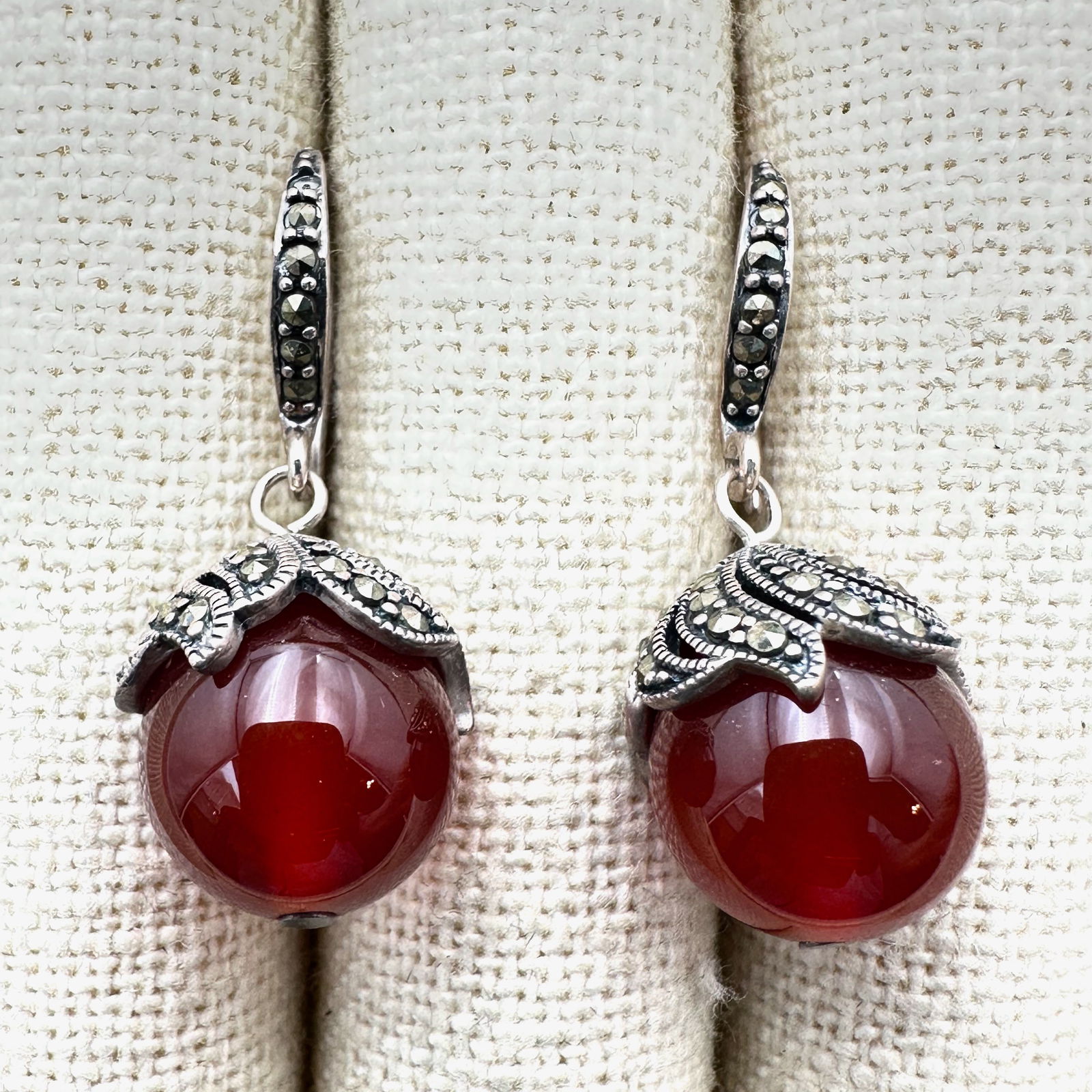 Marcasite Carnelian Sterling Silver Pierced Chandelier Earrings 1 Inch (1 of 2)