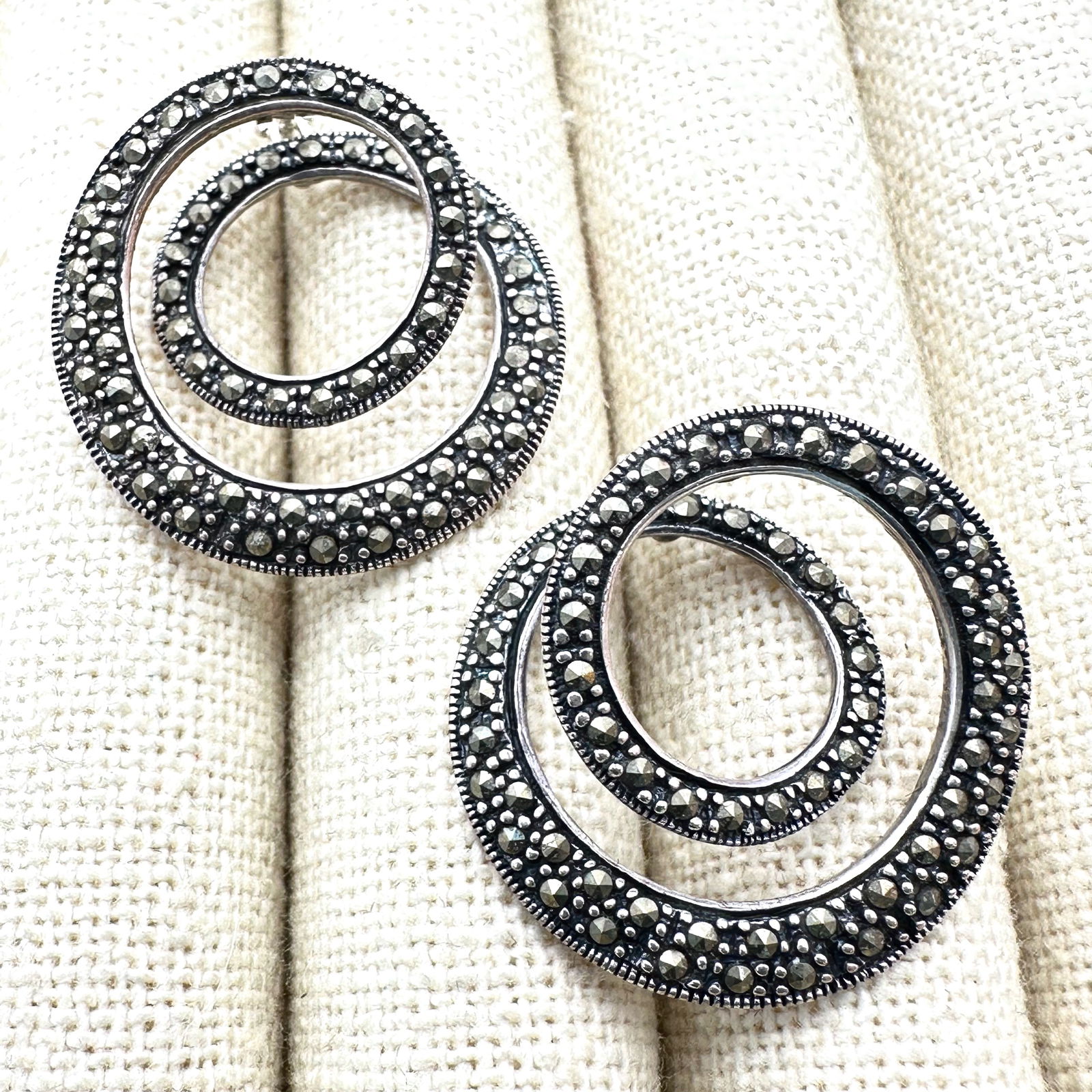Marcasite Sterling Silver Pierced Earrings Interesting Design 1.25 Inch (1 of 2)
