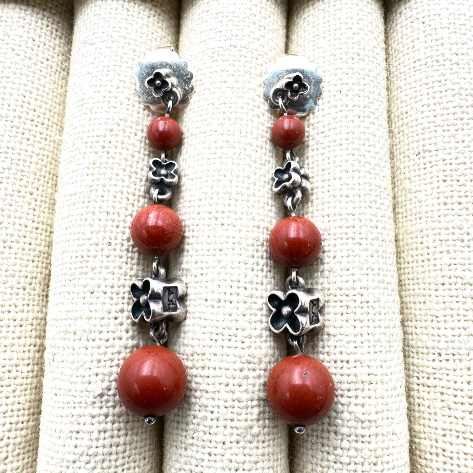 Red Gemstone Bead Sterling Silver Chandelier Pierced Earrings 2 Inch Length (1 of 2)