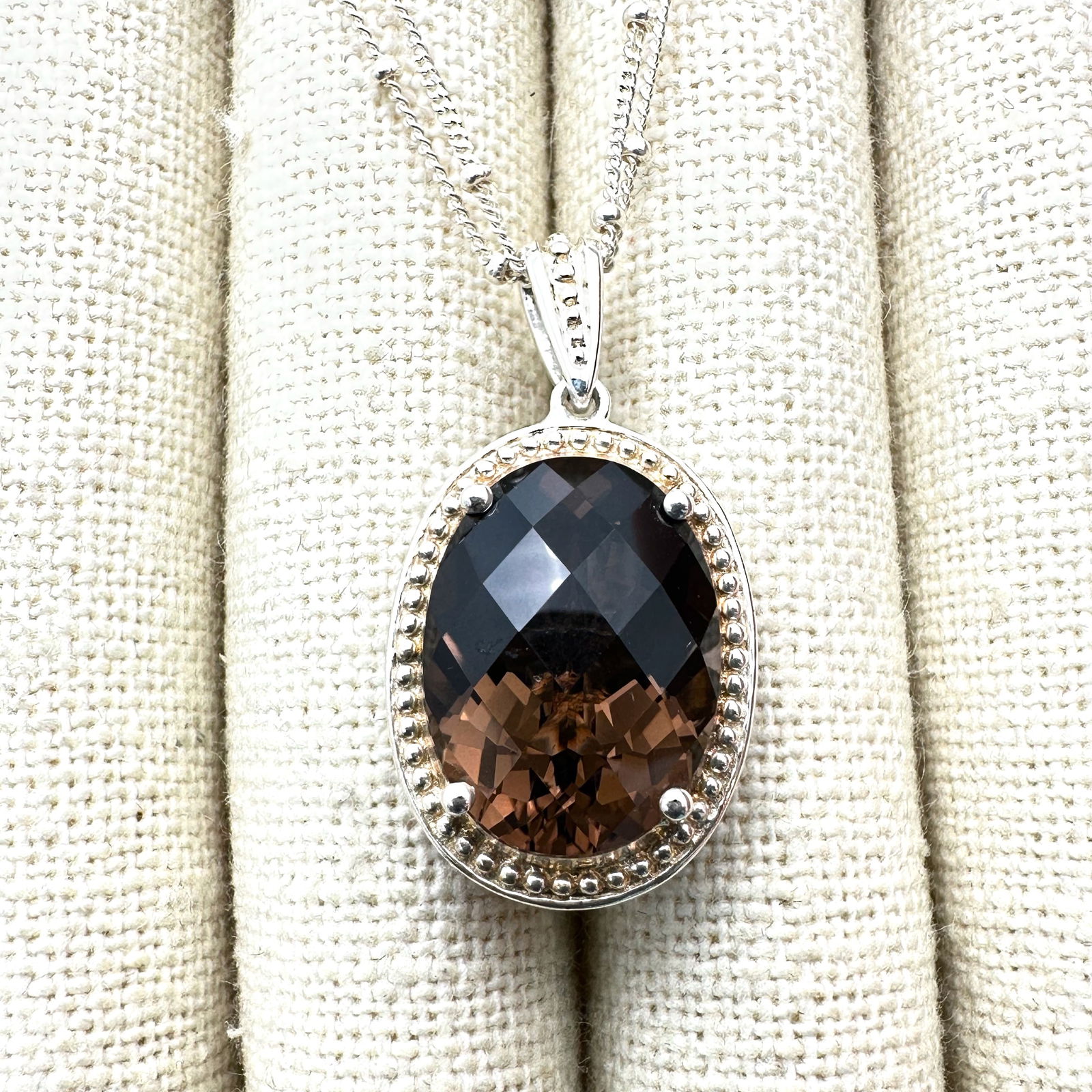 Reversible Smoky Topaz Marcasite Sterling Silver Pendant Necklace Double Strand Beaded Chain 18 Inch: Reversible Smoky Topaz Marcasite Sterling Silver Pendant Necklace Double Strand Beaded Chain 18 Inch 11 Grams