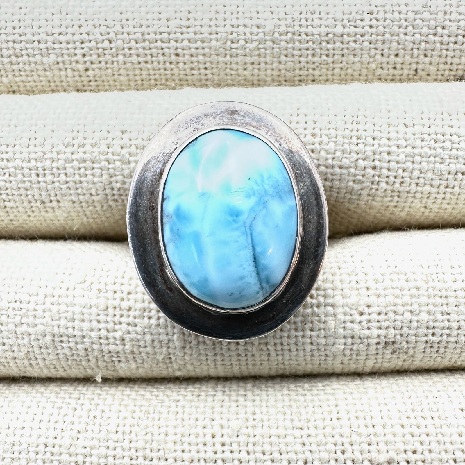 Blue Larimar Gemstone Sterling Silver Ring Adjustable Size Set At 8 Currently Weight 14 Grams (1 of 2)
