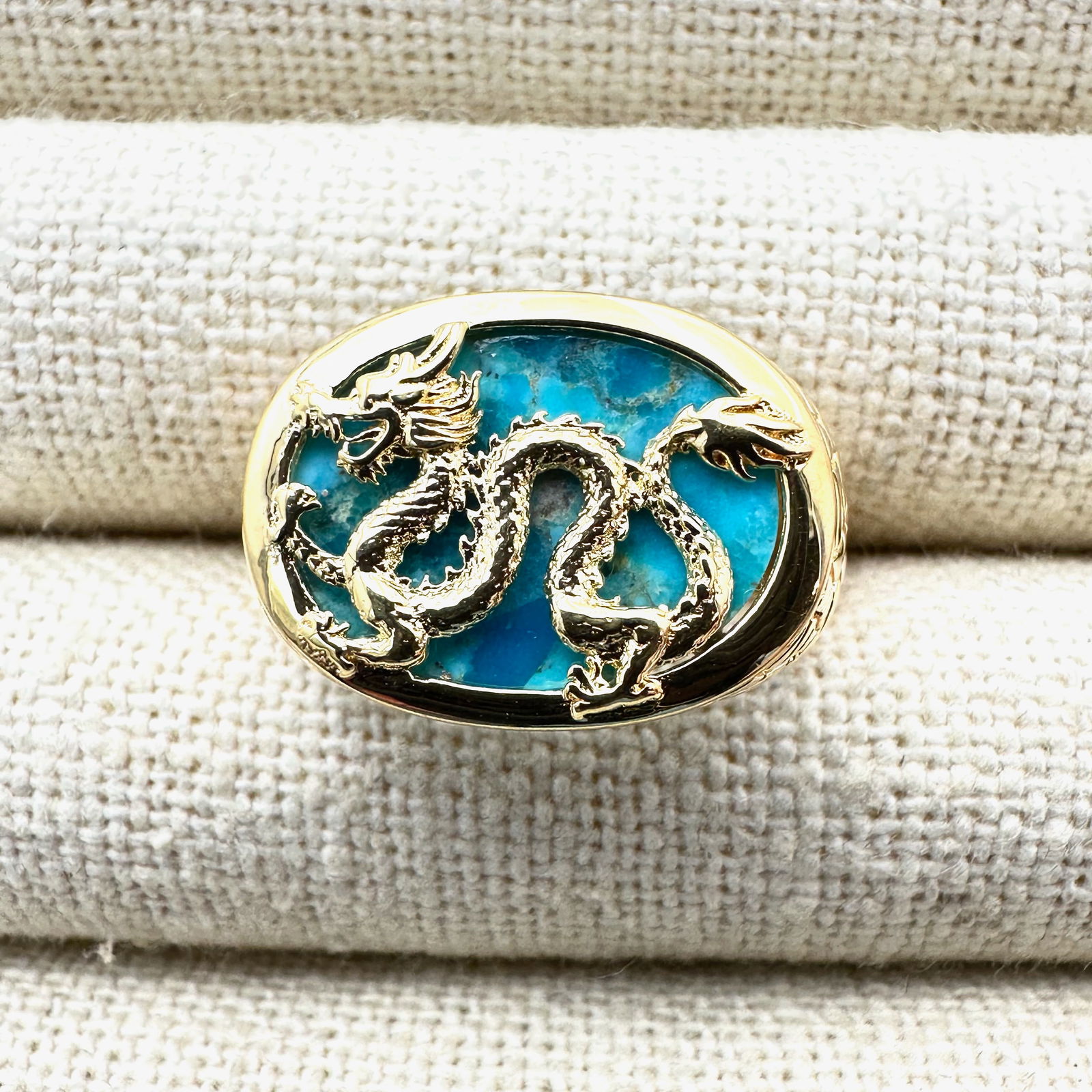 Designer DK Blue Turquoise Gold Over Sterling Silver Dragon Design Ring Size 8 (1 of 2)