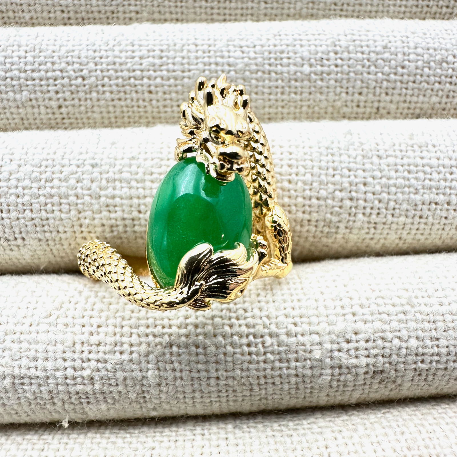 14X10mm Oval Green Jadeite 18K Yellow Gold Over Sterling Silver Dragon Ring Size 9: 14X10mm Oval Green Jadeite 18K Yellow Gold Over Sterling Silver Dragon Ring Size 9