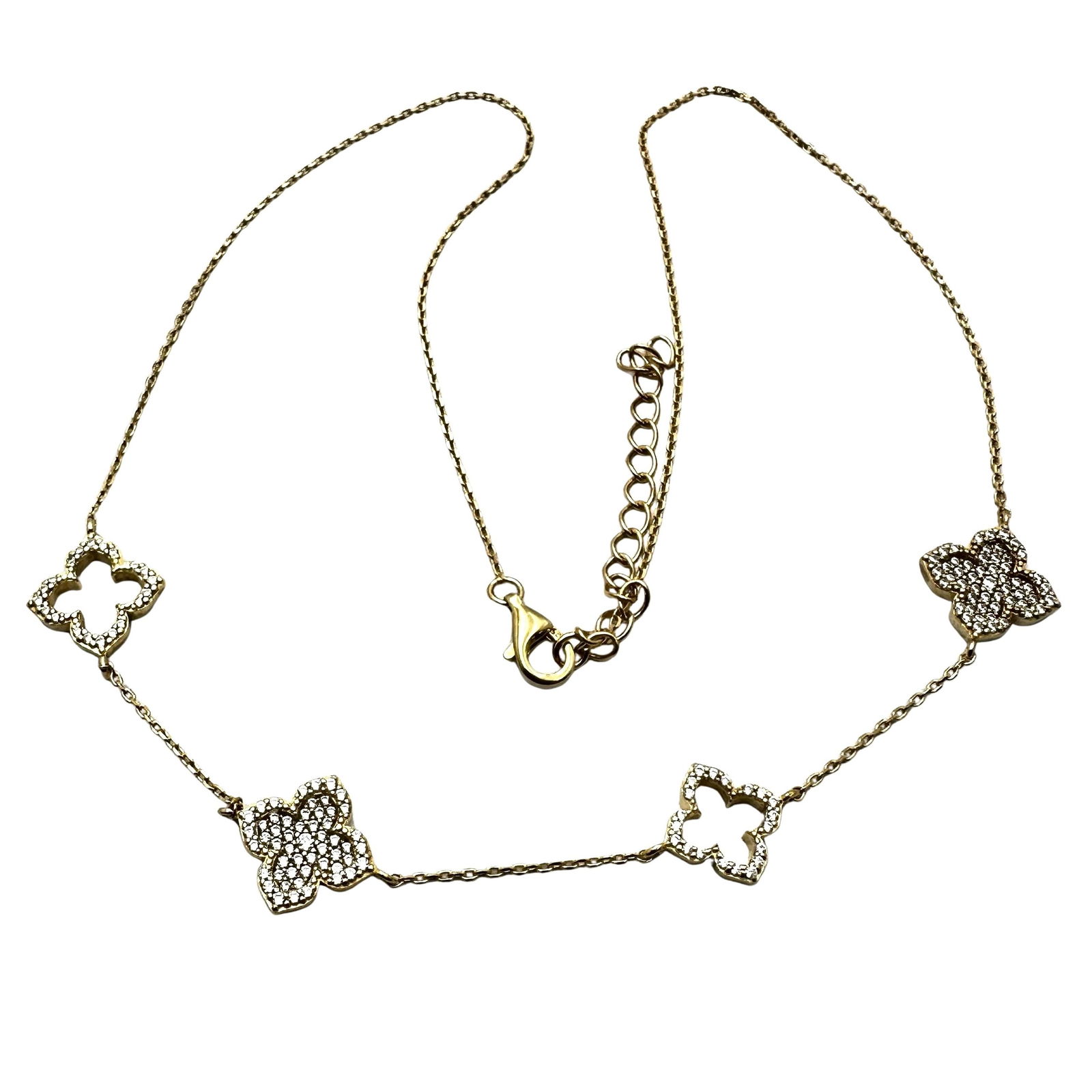 White Gemstone Quarter Foil Design Necklace Gold Over Sterling Silver 15 to 17 Inch: White Gemstone Quarter Foil Design Necklace Gold Over Sterling Silver 15 to 17 Inch