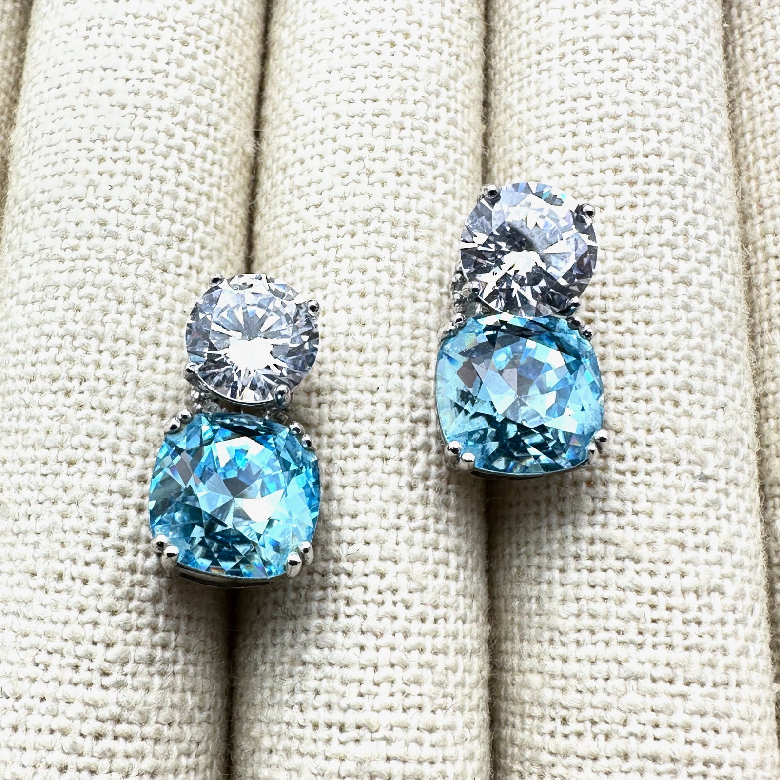 Clear CZ Sterling Pierced Studs with Blue CZ Removeable Enhancers or Jackets: Clear CZ Sterling Pierced Studs with Blue CZ Removeable Enhancers or Jackets