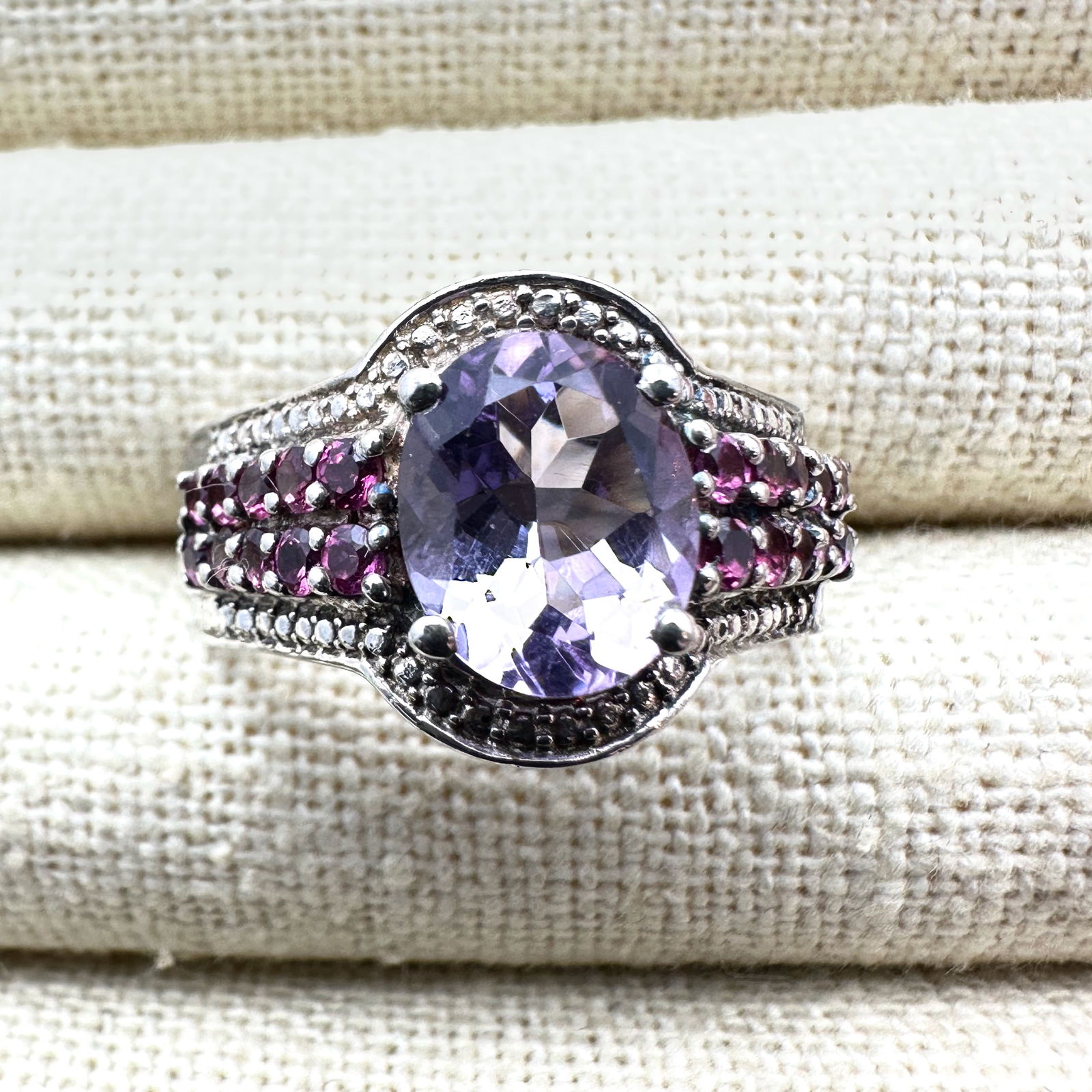 Pink And Purple Gemstone Sterling Silver Ring Size 10 Weight 10 Grams (1 of 2)