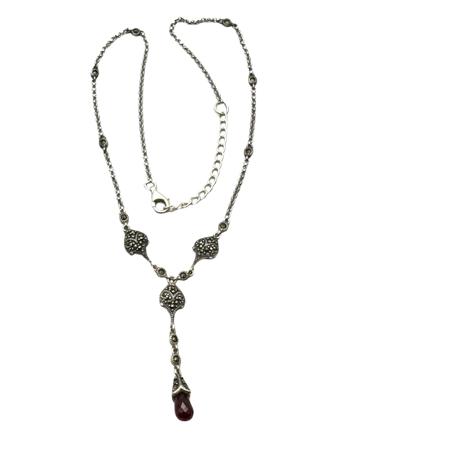 Marcasite Garnet Briolette Sterling Silver Necklace16 to 18 Inch (1 of 2)