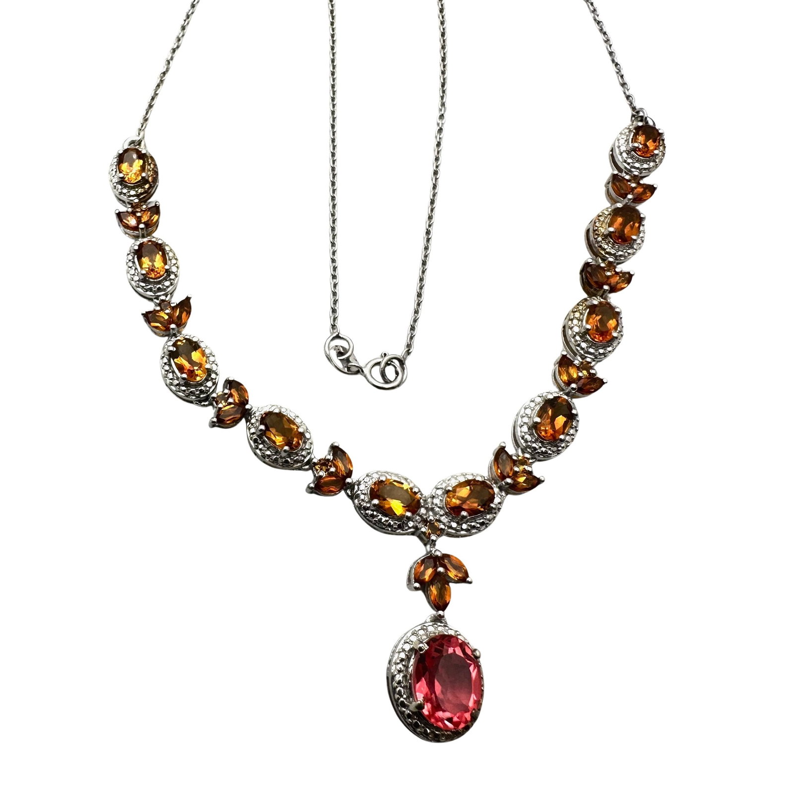 Chuck Clemency Pink and Orange Gemstone Sterling Silver Necklace 18 Inch Weight 13 Grams: Chuck Clemency Pink and Orange Gemstone Sterling Silver Necklace 18 Inch Weight 13 Grams